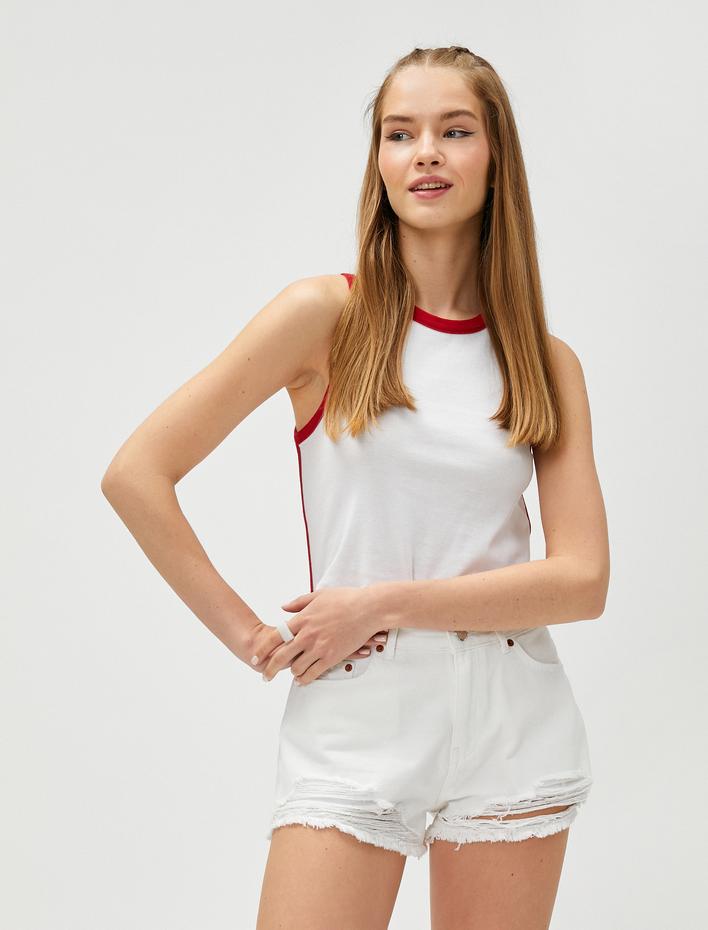  Crop Atlet Pamuklu Bisiklet Yaka Biye Detaylı