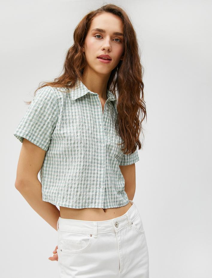  Crop Gömlek Kareli Kısa Kollu Düğmeli