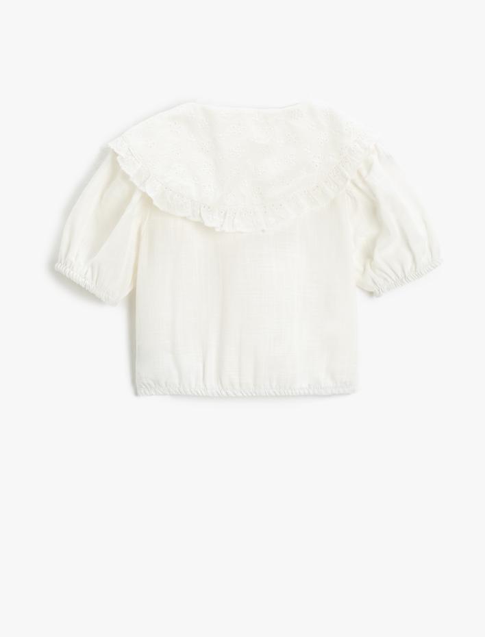 Kız Çocuk Crop Gömlek Geniş Bebe Yaka Kısa Balon Kollu Pamuklu