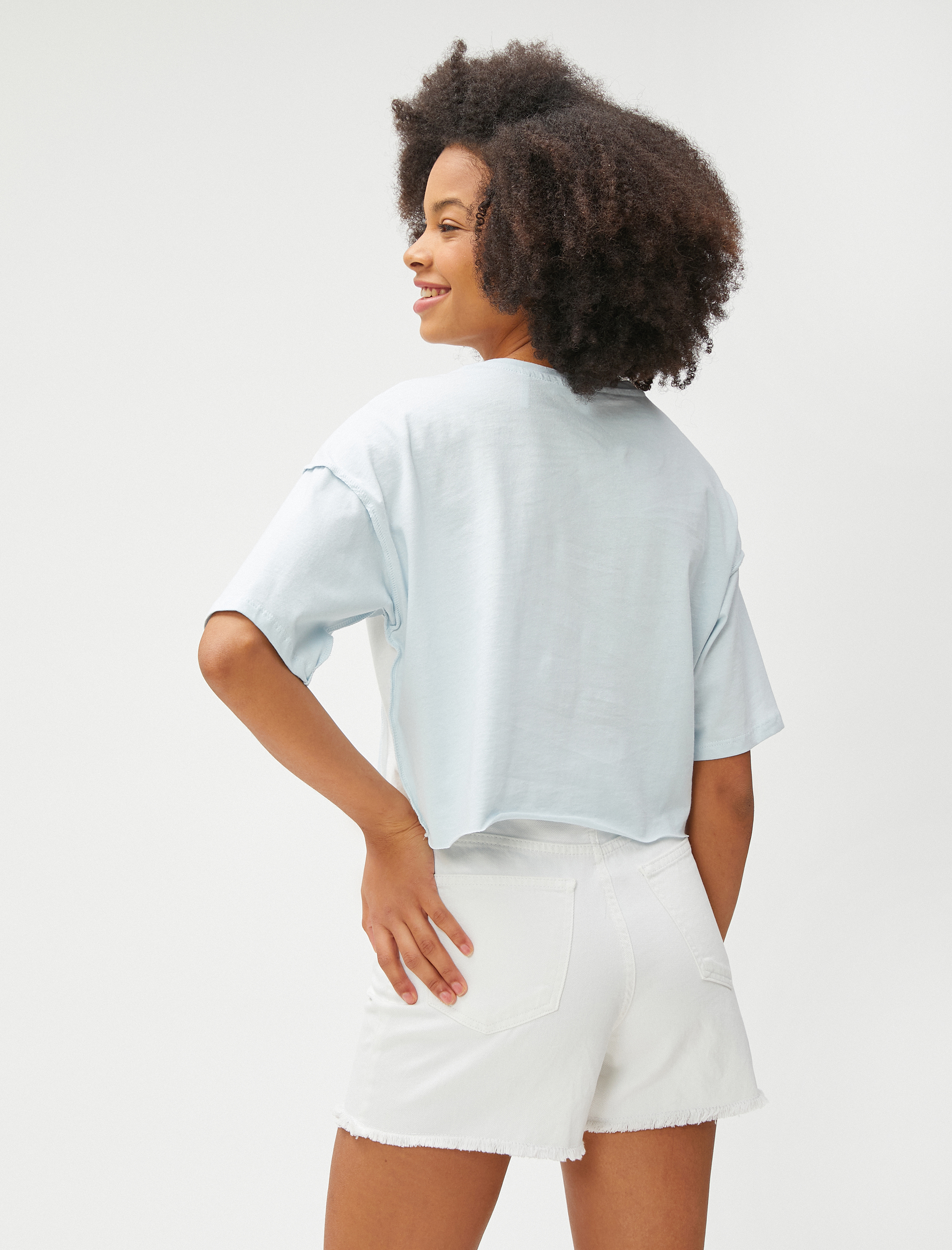   Kolej Baskılı Tişört Crop Kısa Kollu Bisiklet Yaka Pamuklu