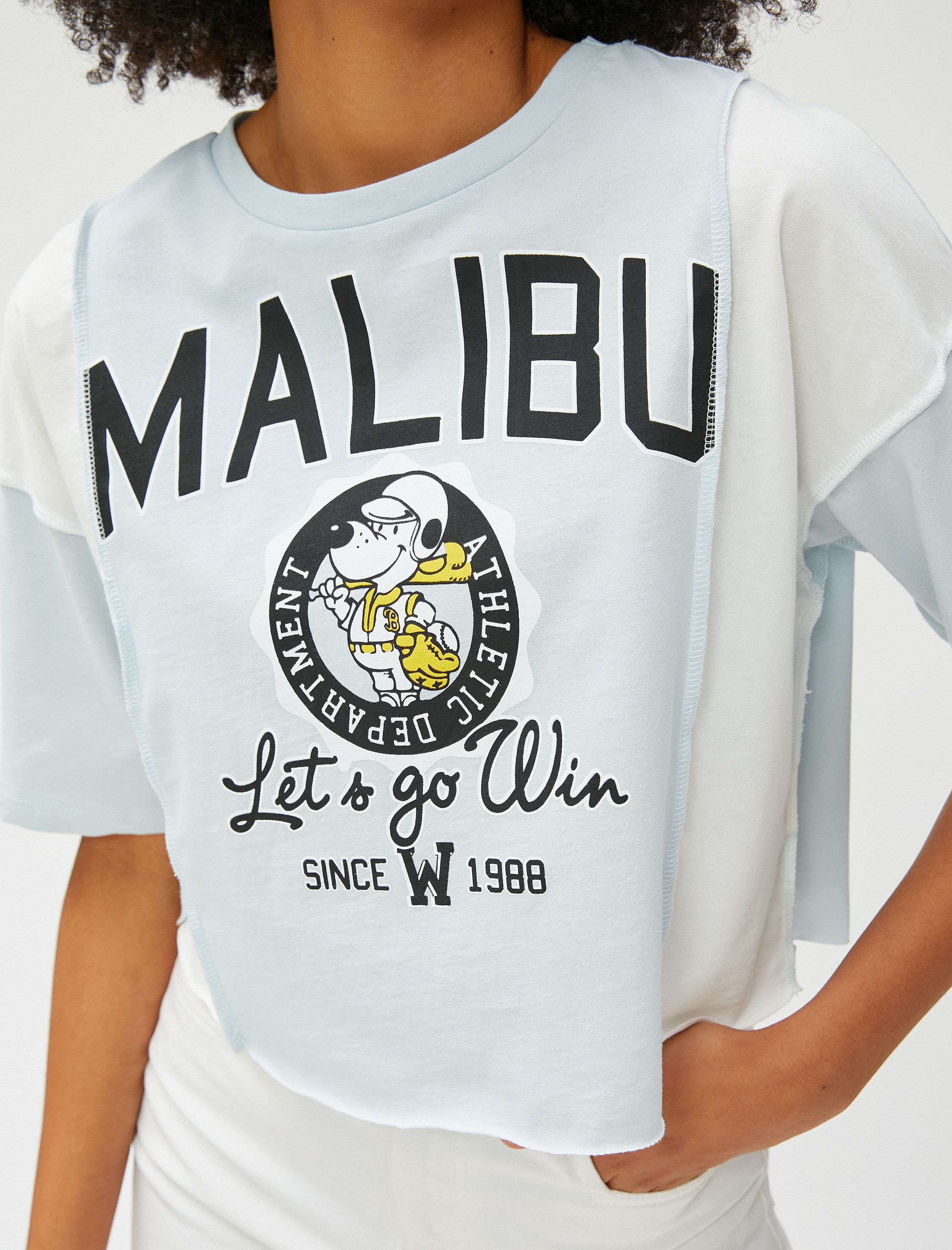   Kolej Baskılı Tişört Crop Kısa Kollu Bisiklet Yaka Pamuklu