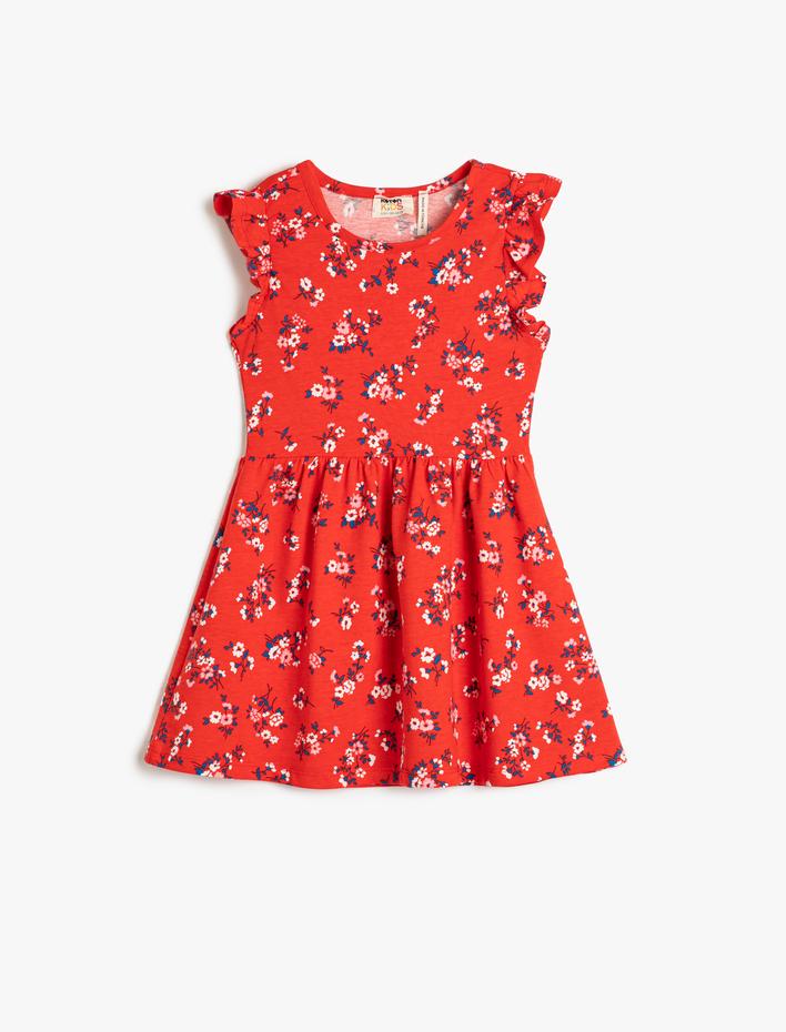 Kız Çocuk Penye Elbise Midi Çiçekli Fırfırlı Pamuklu
