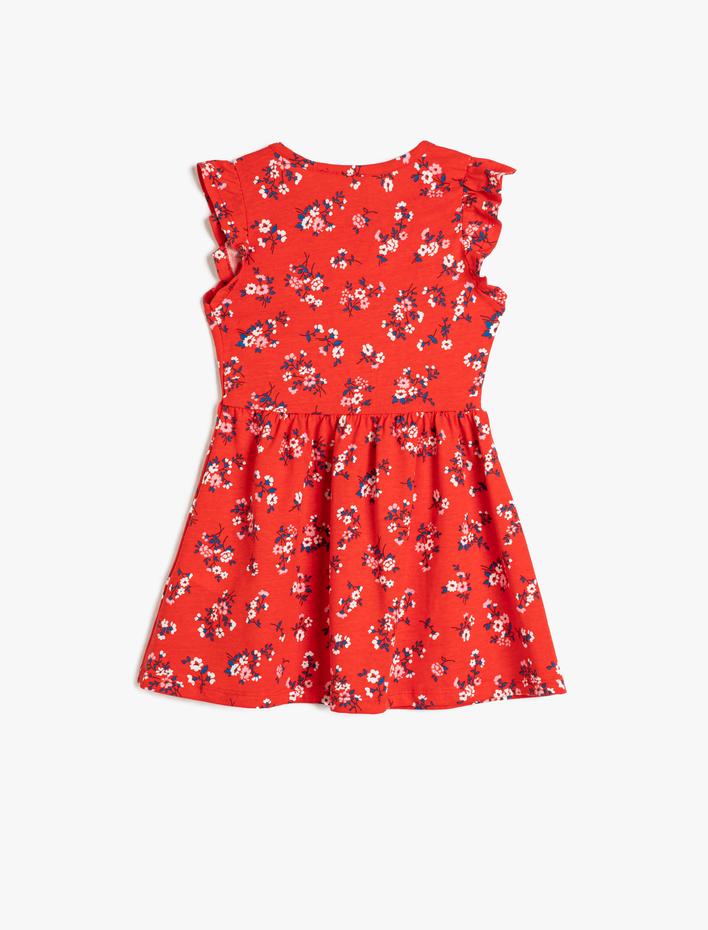 Kız Çocuk Penye Elbise Midi Çiçekli Fırfırlı Pamuklu