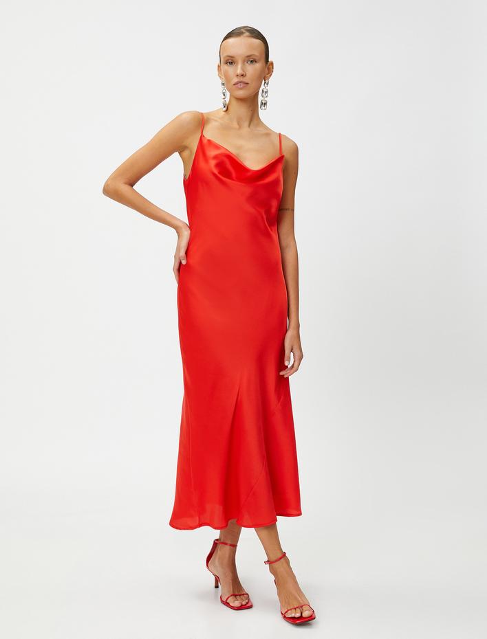  Saten Midi Boy Abiye Elbise Askılı