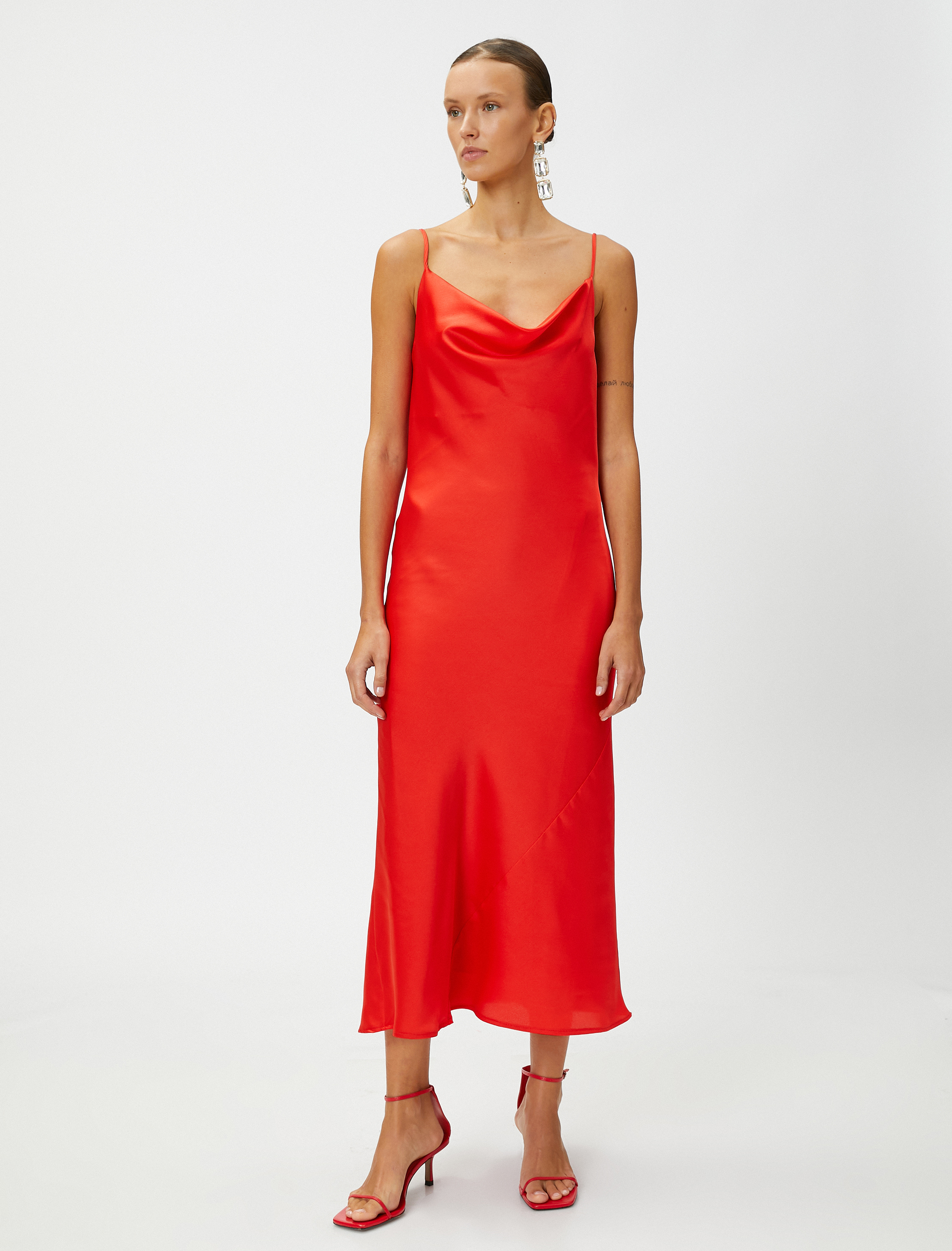   Saten Midi Boy Abiye Elbise Askılı