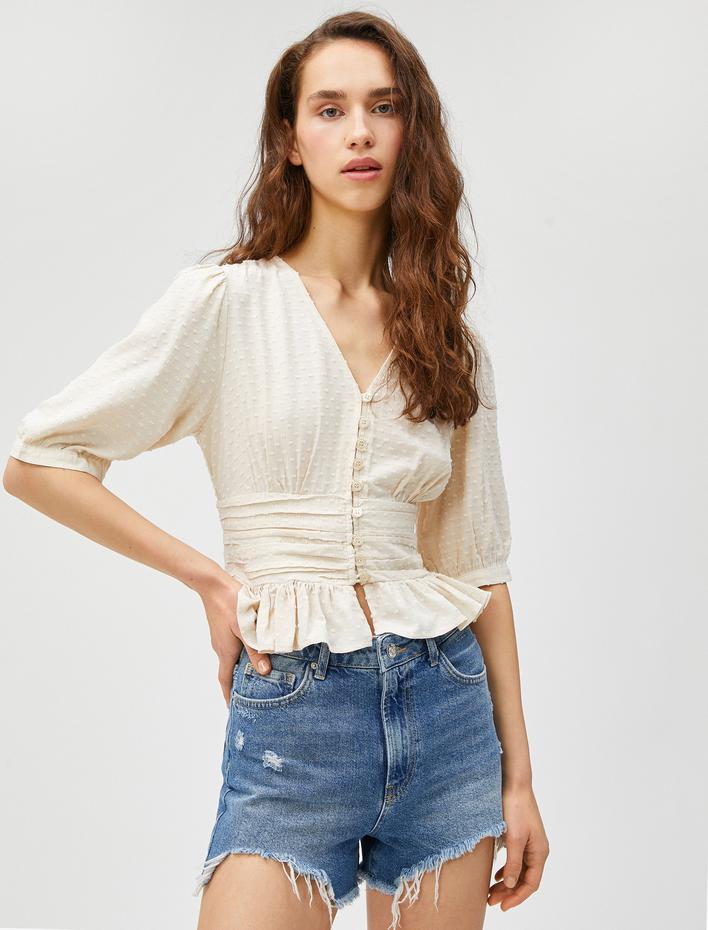  V Yaka Bluz Balon Kollu Fırfırlı Düğmeli Viskon