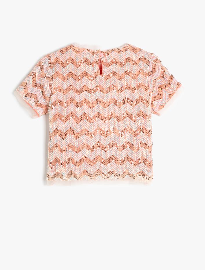 Kız Çocuk Bluz Tüllü Pul Payet İşlemeli Kısa Kollu Yuvarlak Yaka