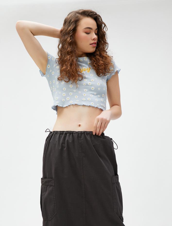  Crop Tişört Baskılı Kısa Kollu Bisiklet Yaka Pamuklu