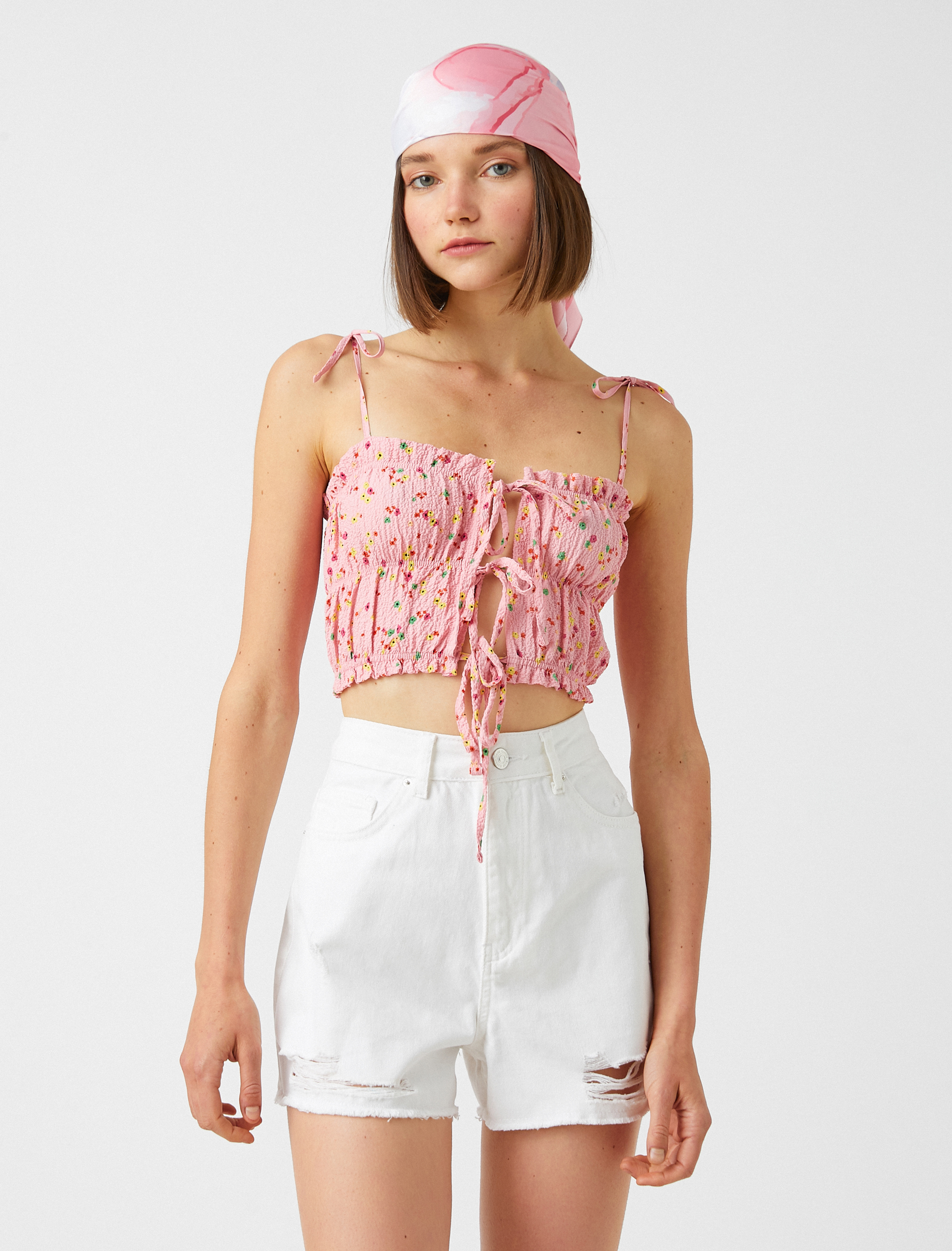   Crop Atlet Önden Bağlamalı Çiçek Desenli