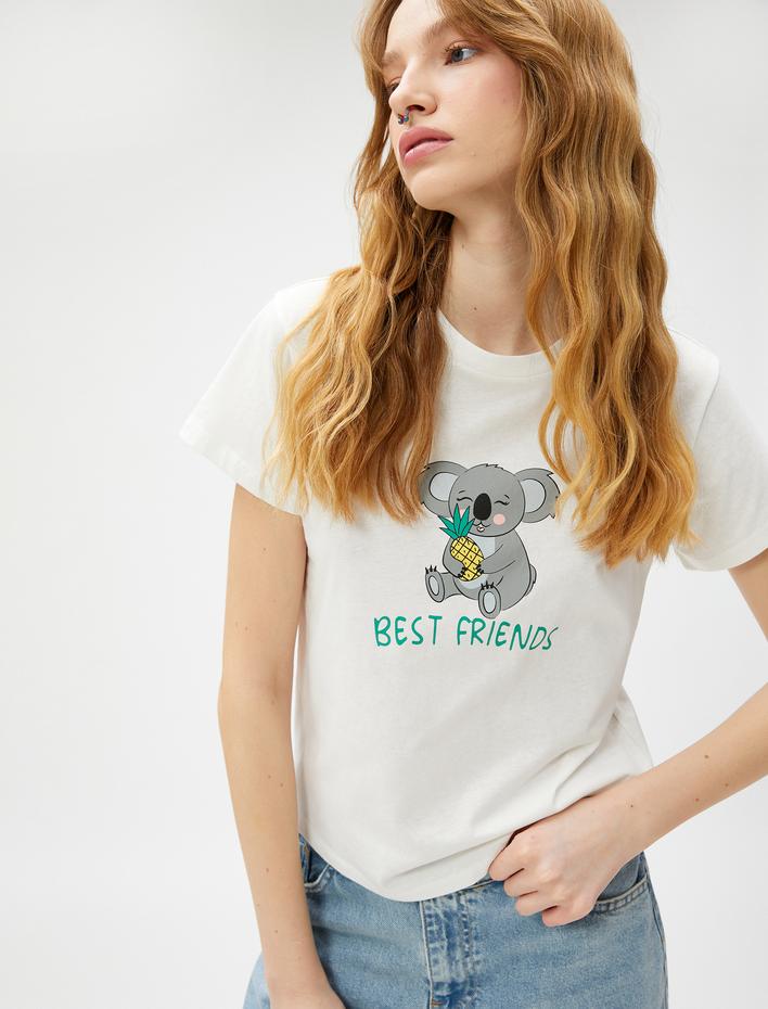  Slogan Baskılı Tişört Bisiklet Yaka Kısa Kollu Pamuklu