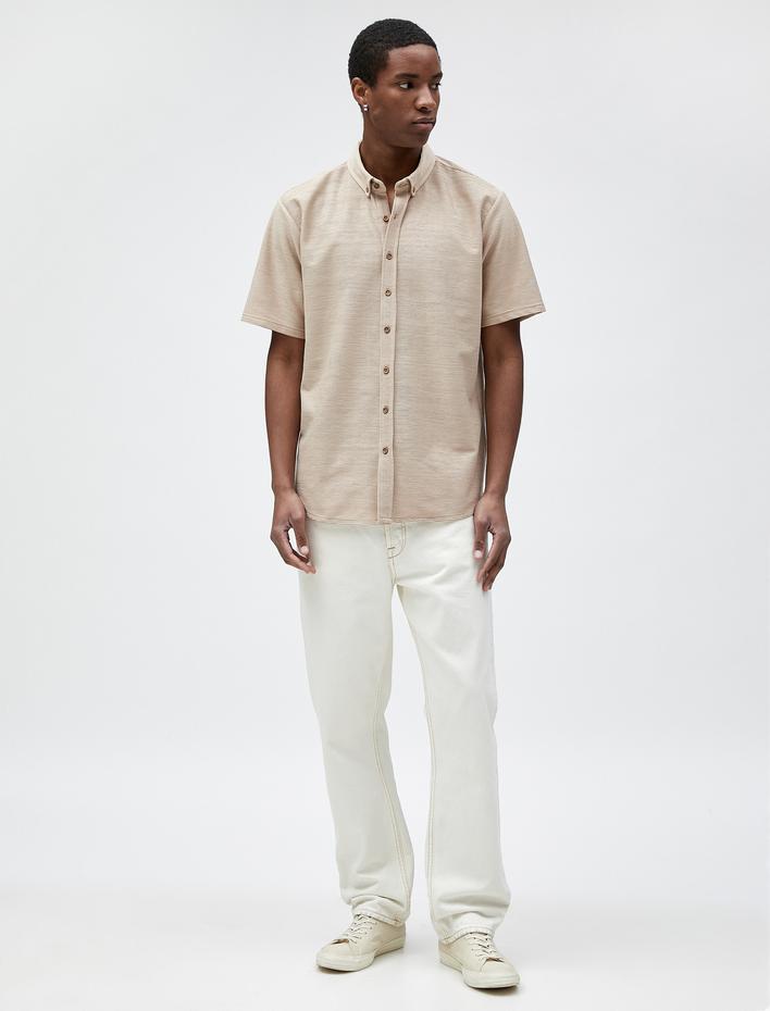  Basic Kısa Kollu Gömlek Dokulu Klasik Yaka Düğmeli