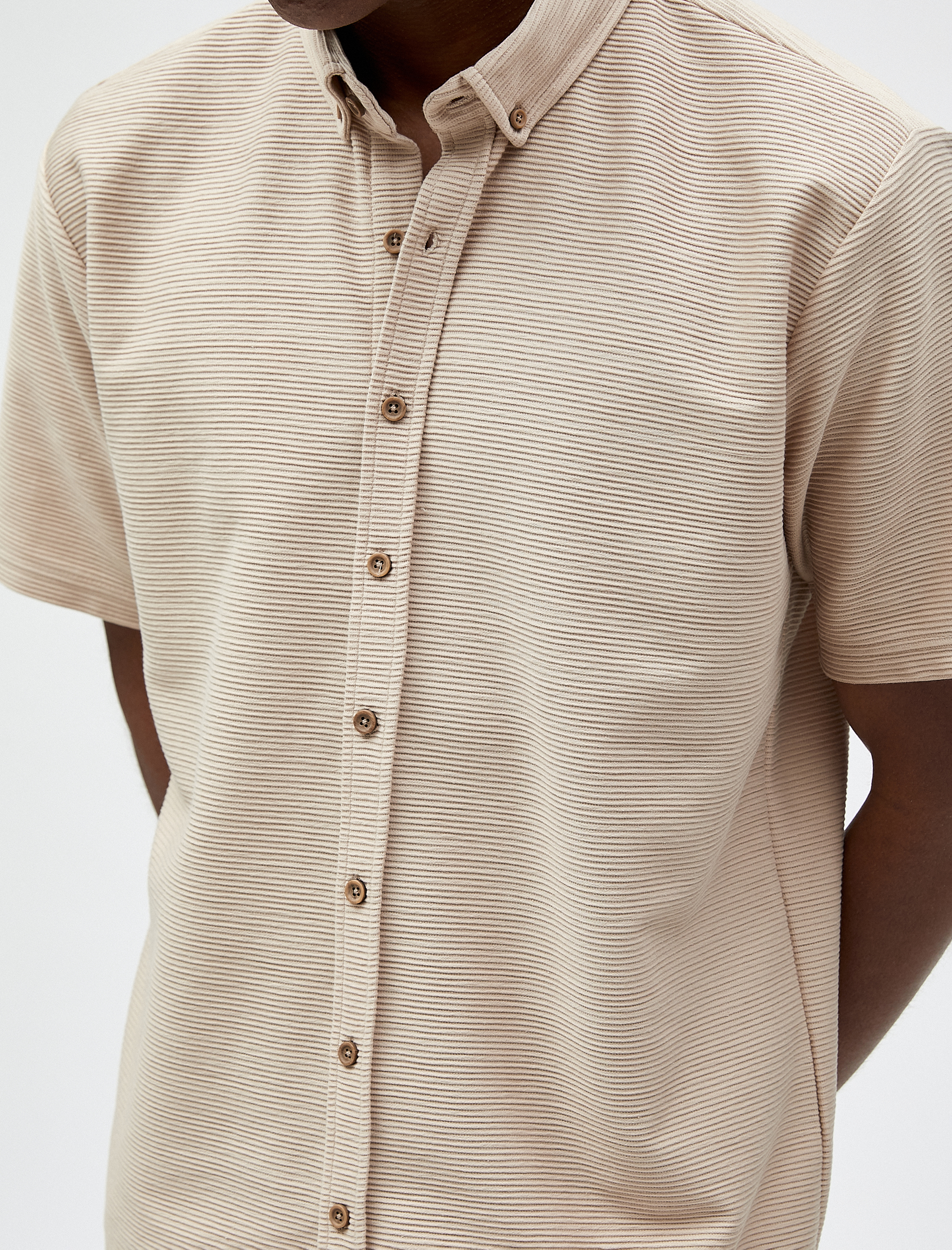   Basic Kısa Kollu Gömlek Dokulu Klasik Yaka Düğmeli