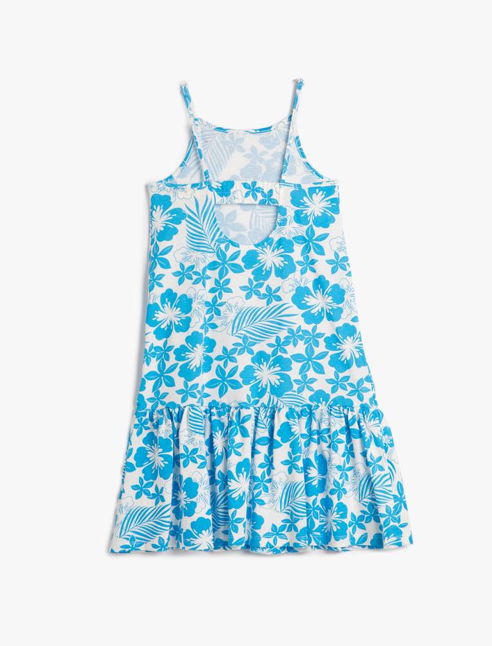 Kız Çocuk Elbise Çiçekli İnce Askılı Arkası Pencere Detaylı Pamuklu