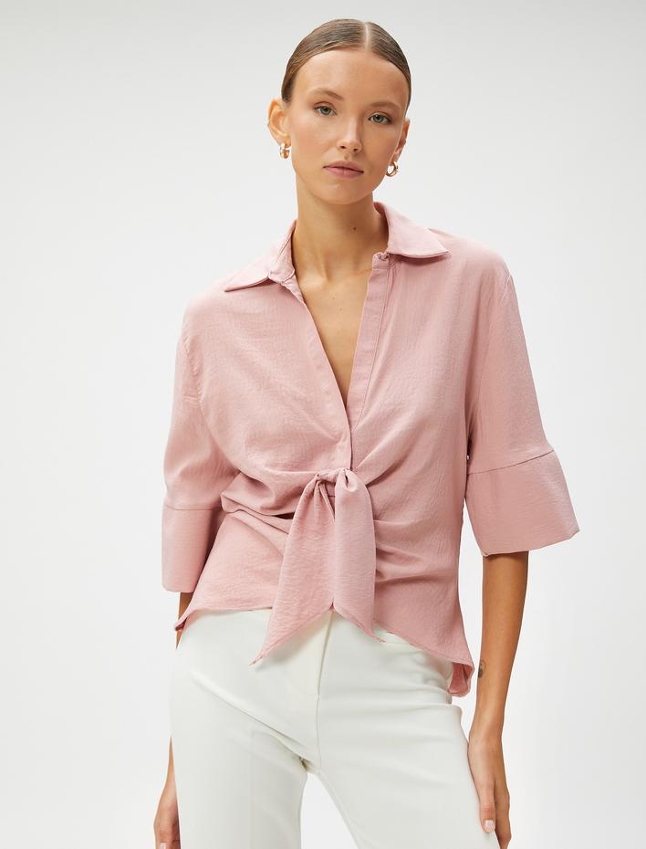  Kısa Kollu Gömlek Bağlama Detaylı Asimetrik