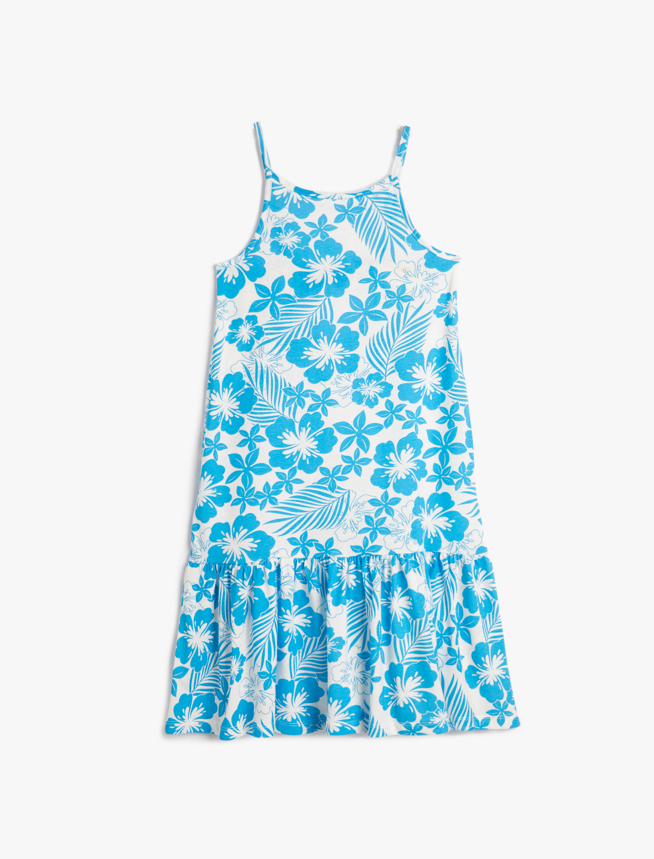  Kız Çocuk Elbise Çiçekli İnce Askılı Arkası Pencere Detaylı Pamuklu