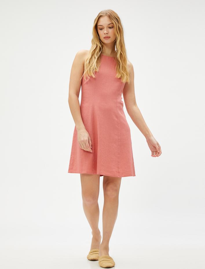  Keten Elbise Mini Halter Yaka