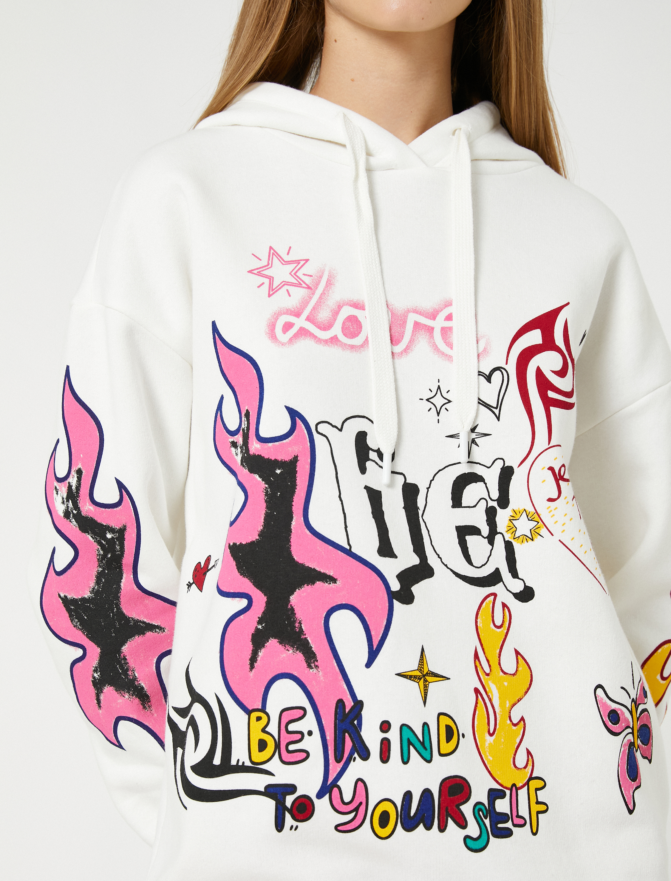   Şardonlu Kapüşonlu Sweatshirt Grafiti Baskılı Uzun Kollu Ribanalı