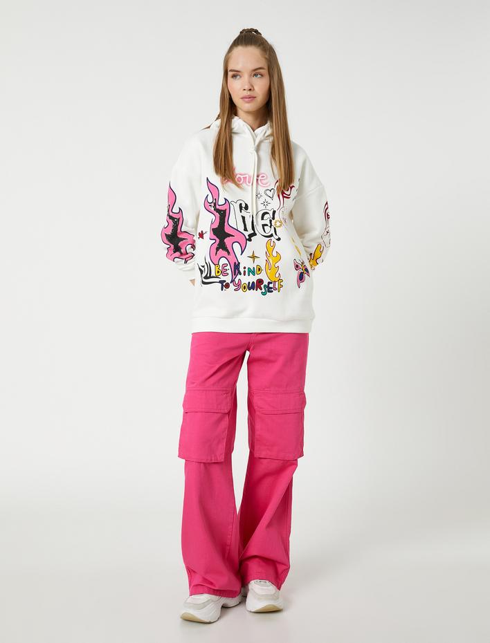  Şardonlu Kapüşonlu Sweatshirt Grafiti Baskılı Uzun Kollu Ribanalı