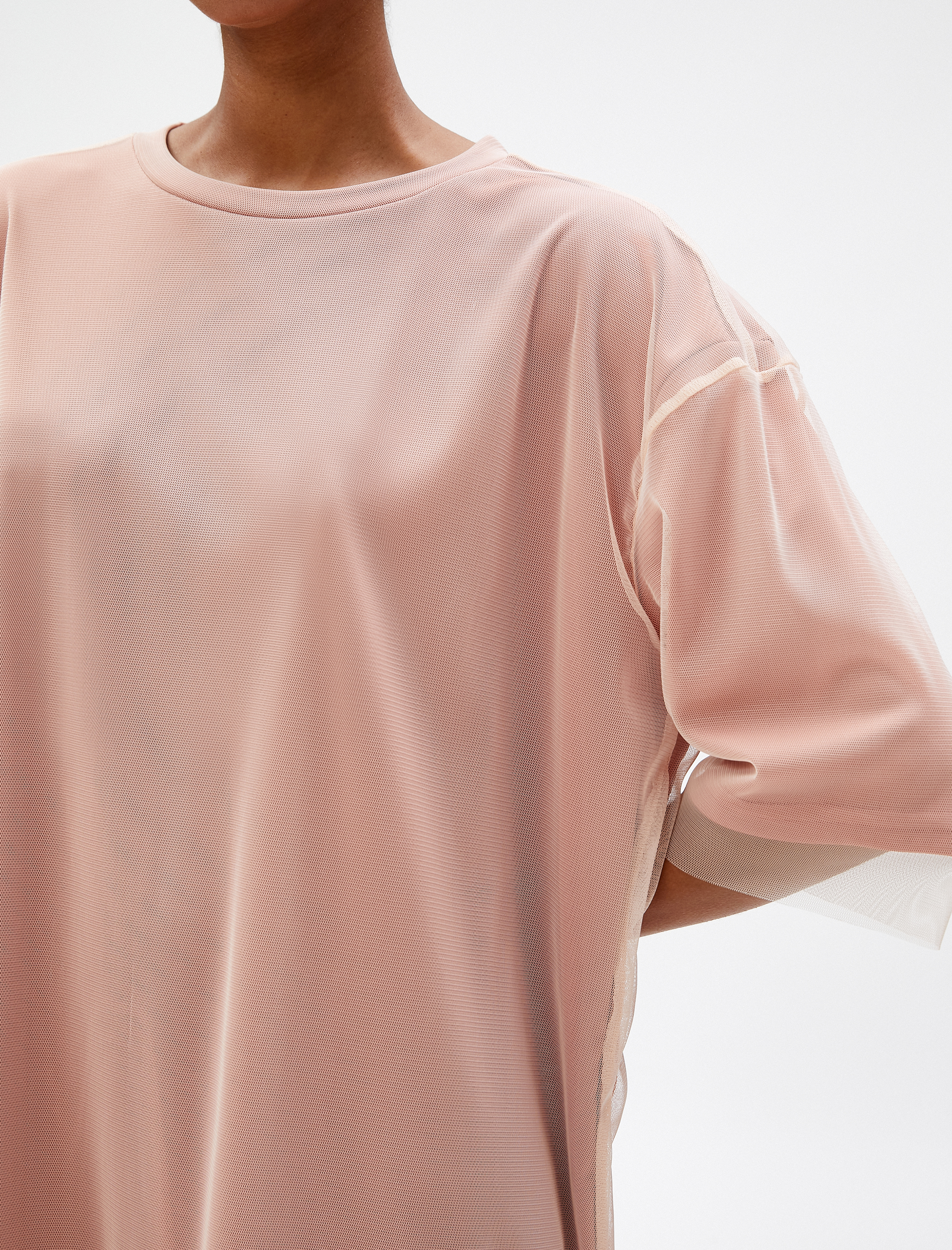   Oversize Tişört Uzun Transparan Tül Detaylı Kısa Kollu