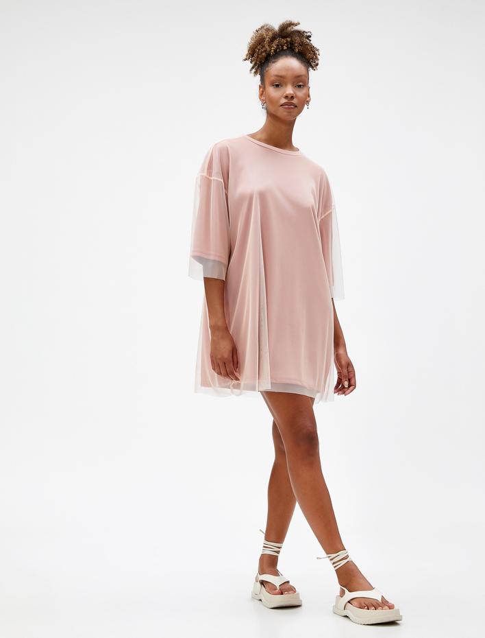  Oversize Tişört Uzun Transparan Tül Detaylı Kısa Kollu