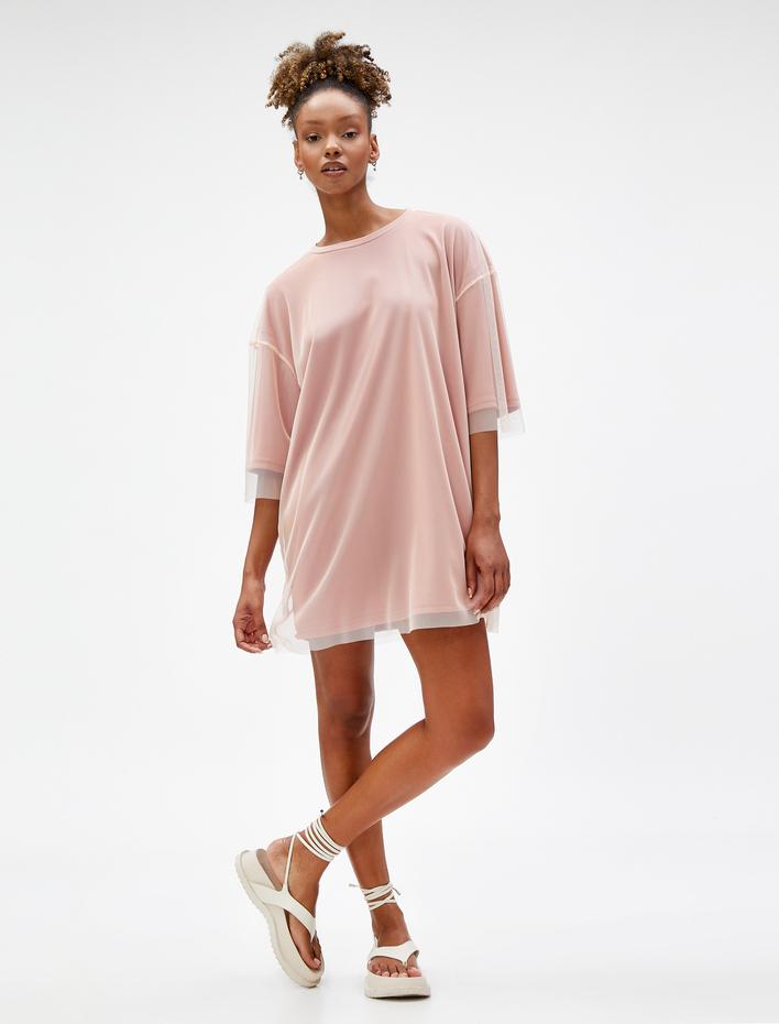  Oversize Tişört Uzun Transparan Tül Detaylı Kısa Kollu