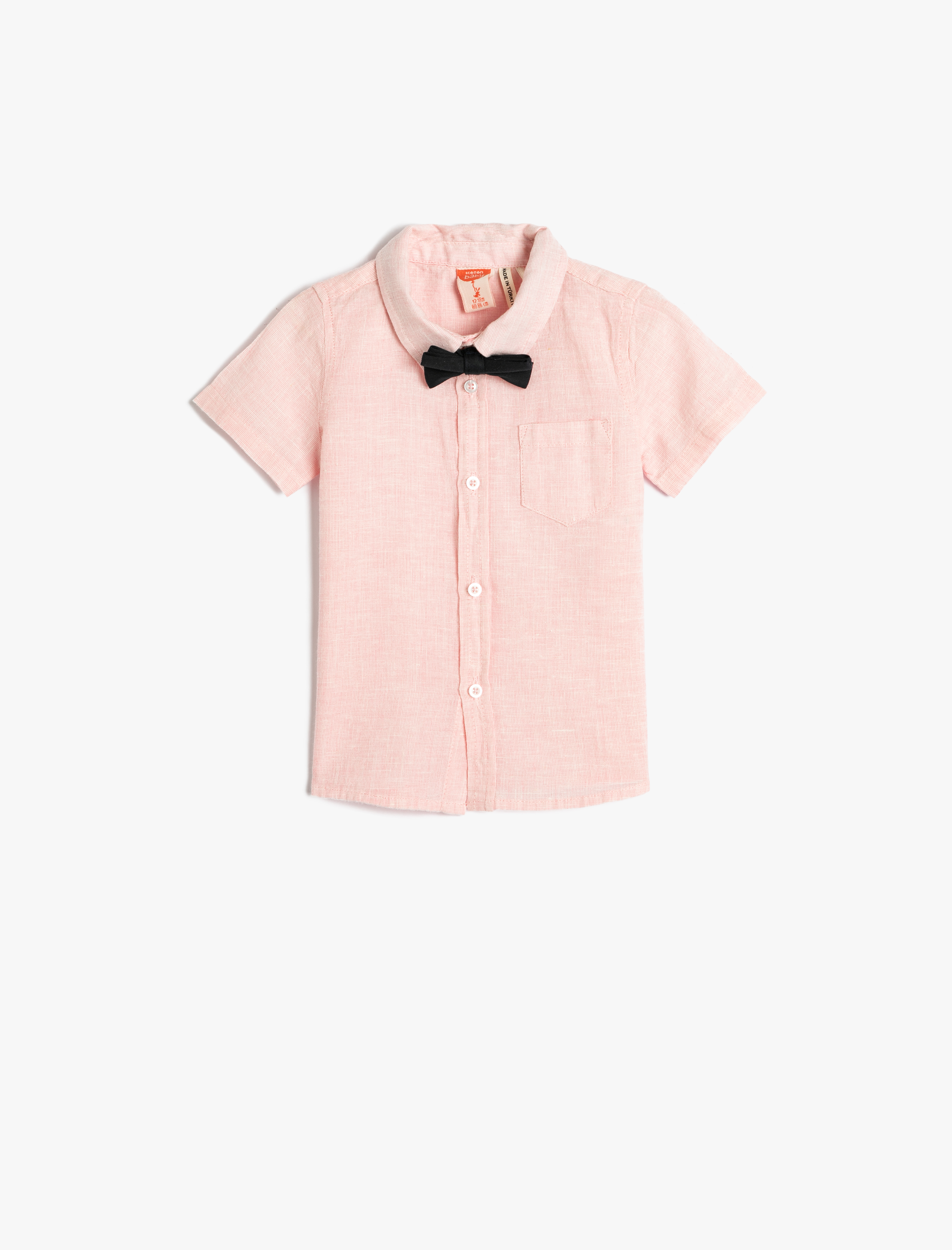  Erkek Bebek Keten Gömlek Kısa Kollu Papyonlu Cep Detaylı