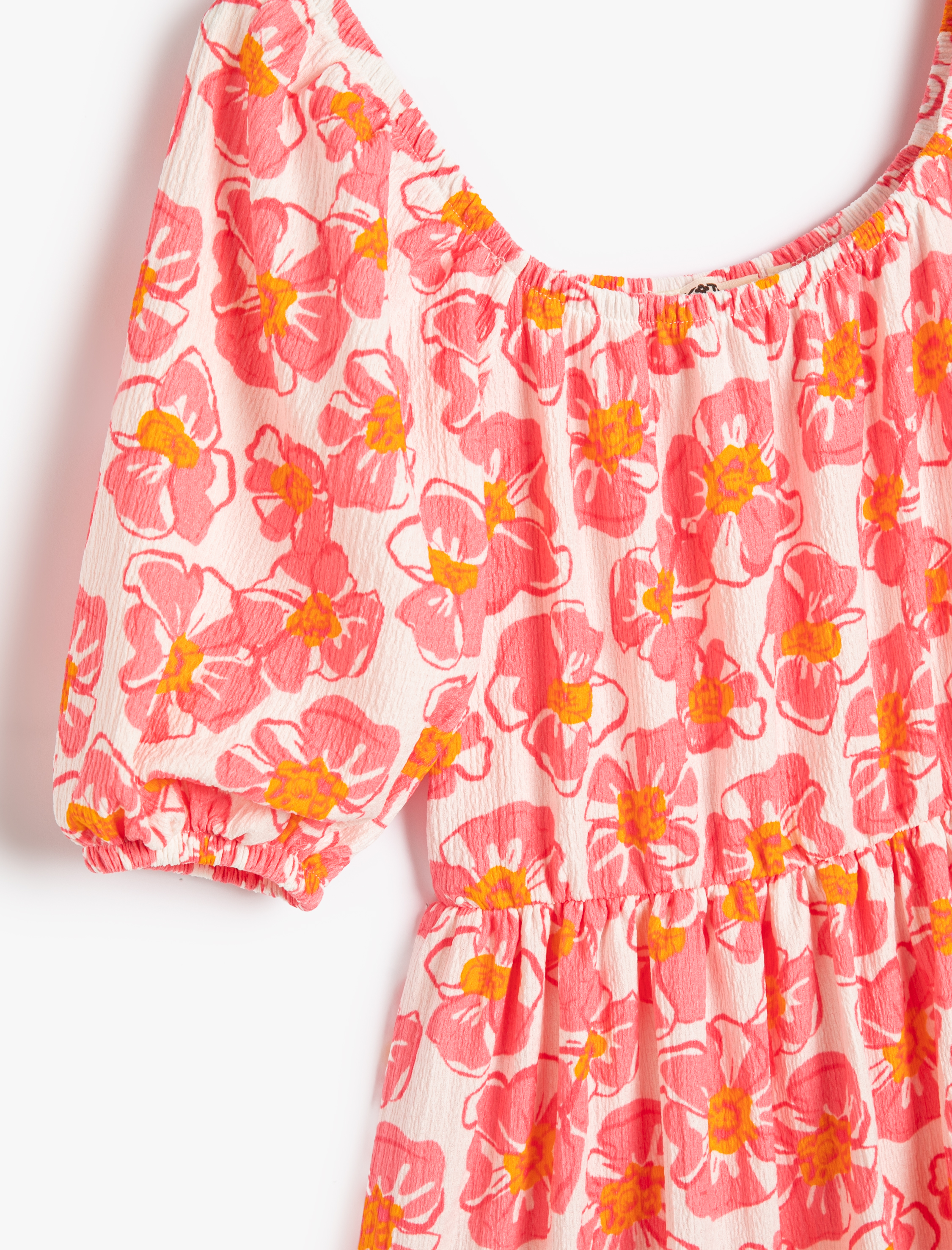  Kız Çocuk Elbise Uzun Çiçekli Balon Kollu Yuvarlak Yaka Rahat Kesim