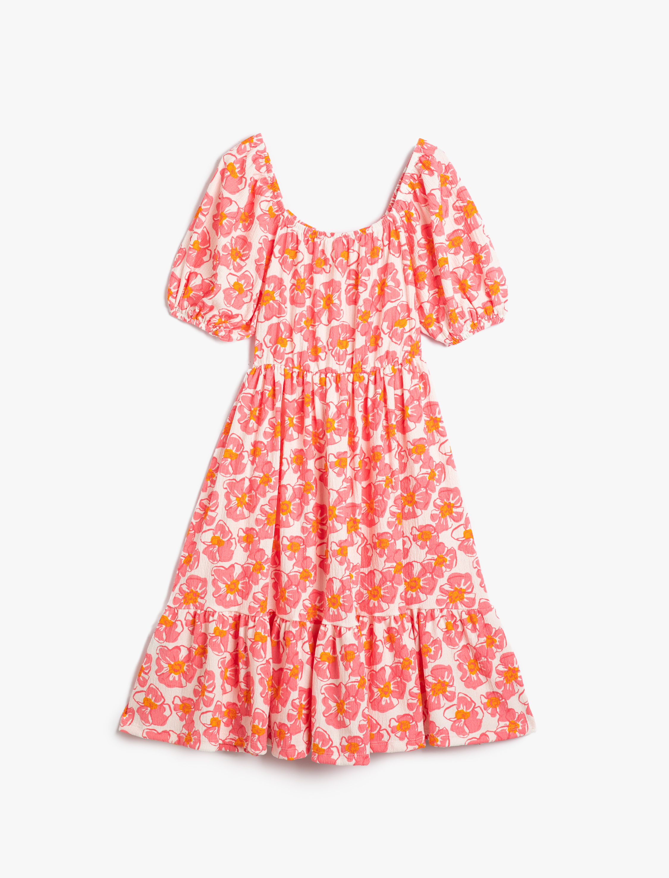  Kız Çocuk Elbise Uzun Çiçekli Balon Kollu Yuvarlak Yaka Rahat Kesim