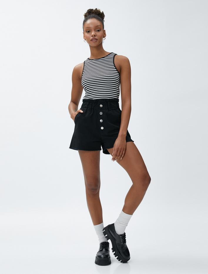  Yüksek Bel Kot Şort Cepli Lastikli Düğmeli