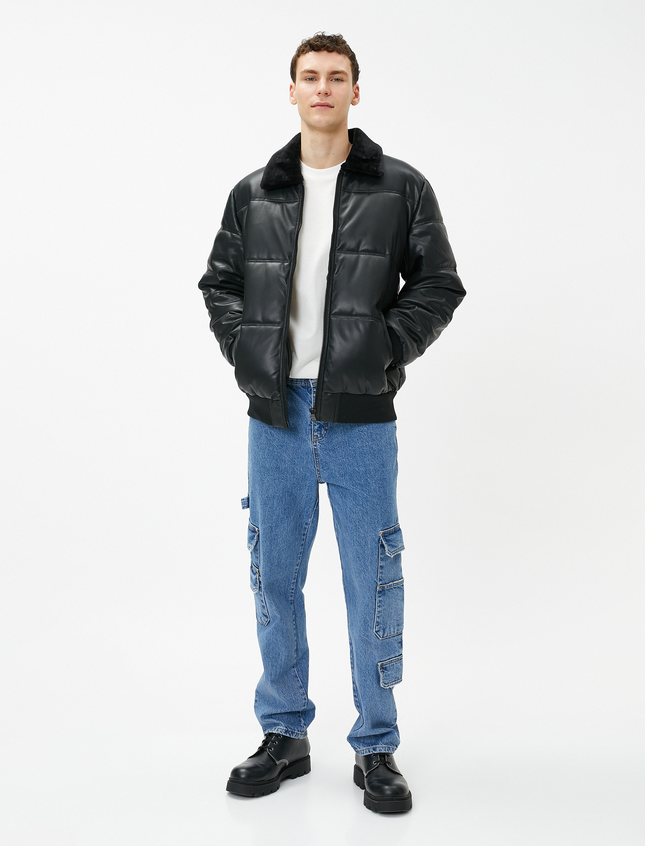   Şişme Mont Deri Görünümlü Yaka Detaylı Fermuarlı Cepli