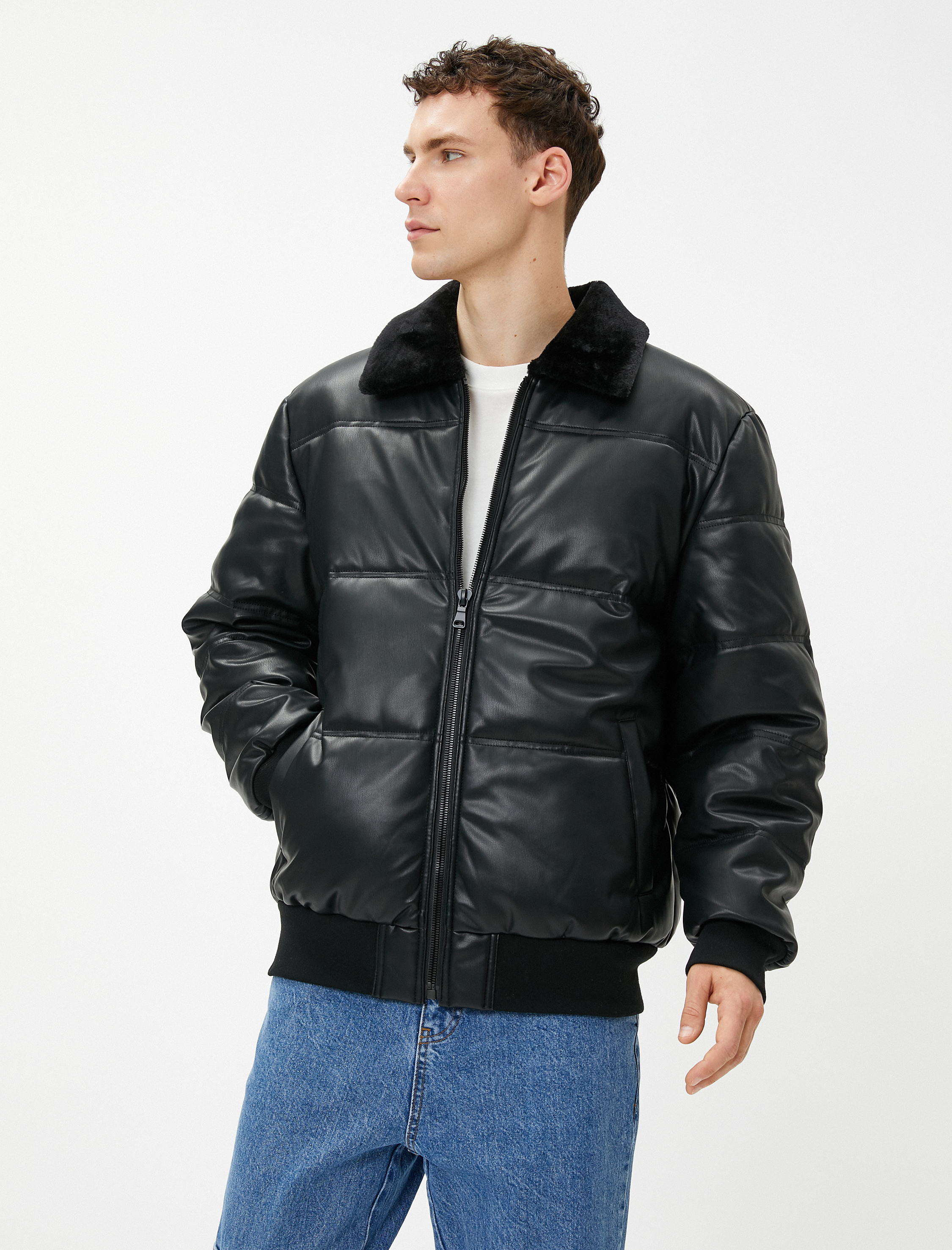   Şişme Mont Deri Görünümlü Yaka Detaylı Fermuarlı Cepli