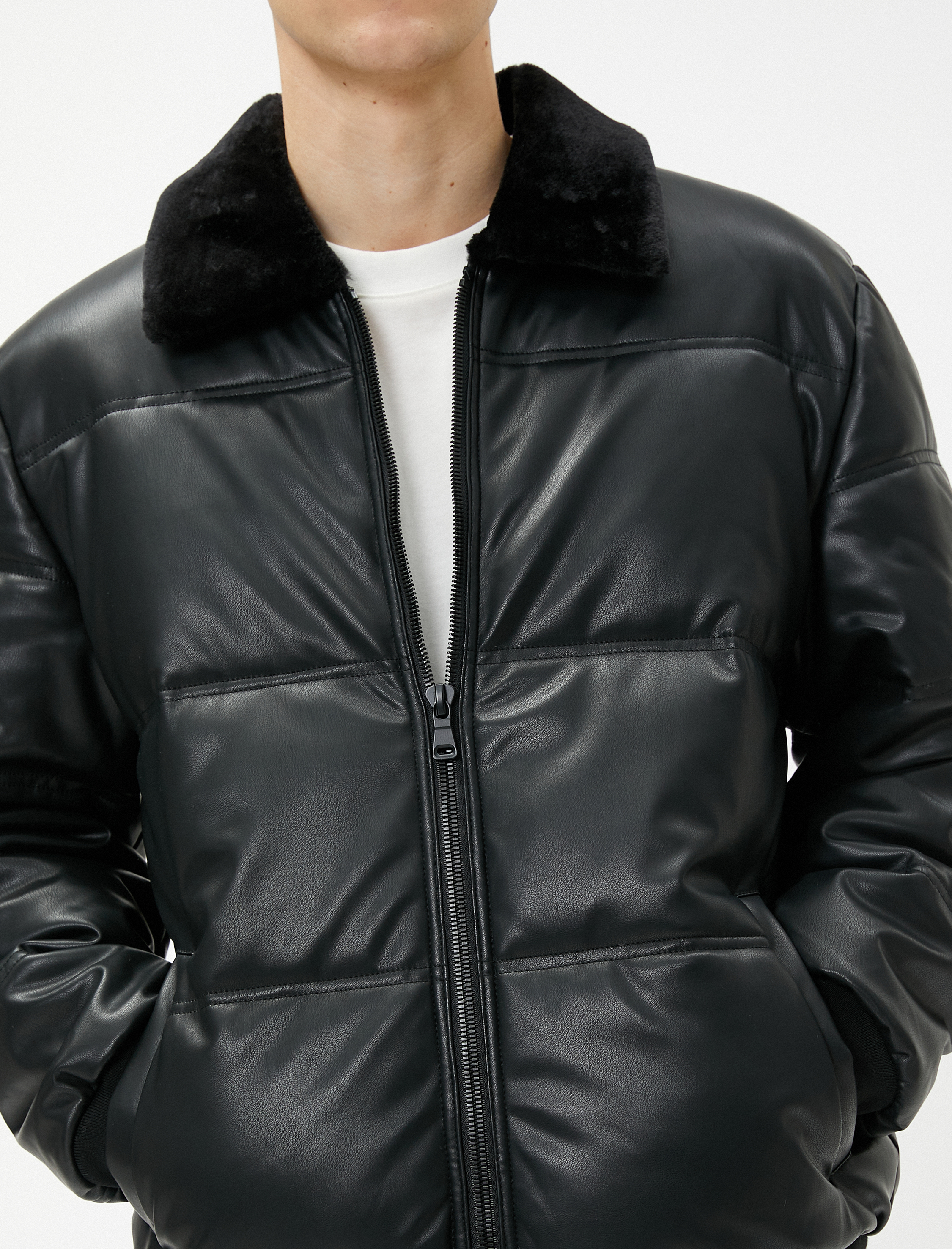   Şişme Mont Deri Görünümlü Yaka Detaylı Fermuarlı Cepli