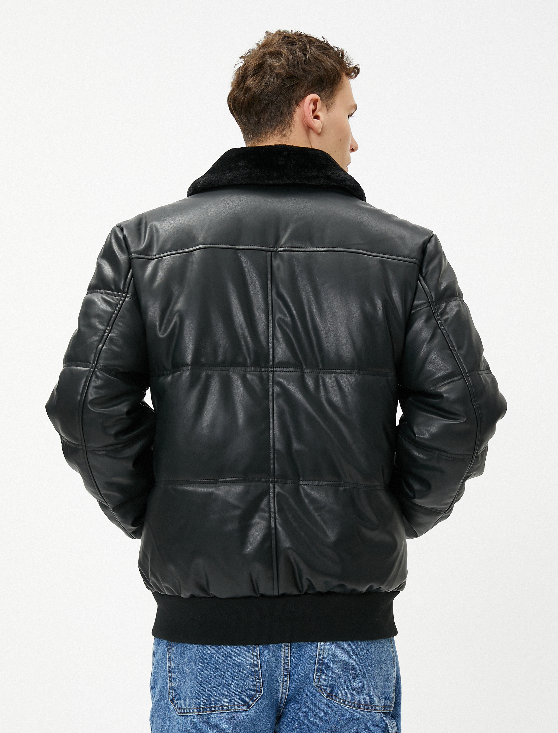   Şişme Mont Deri Görünümlü Yaka Detaylı Fermuarlı Cepli