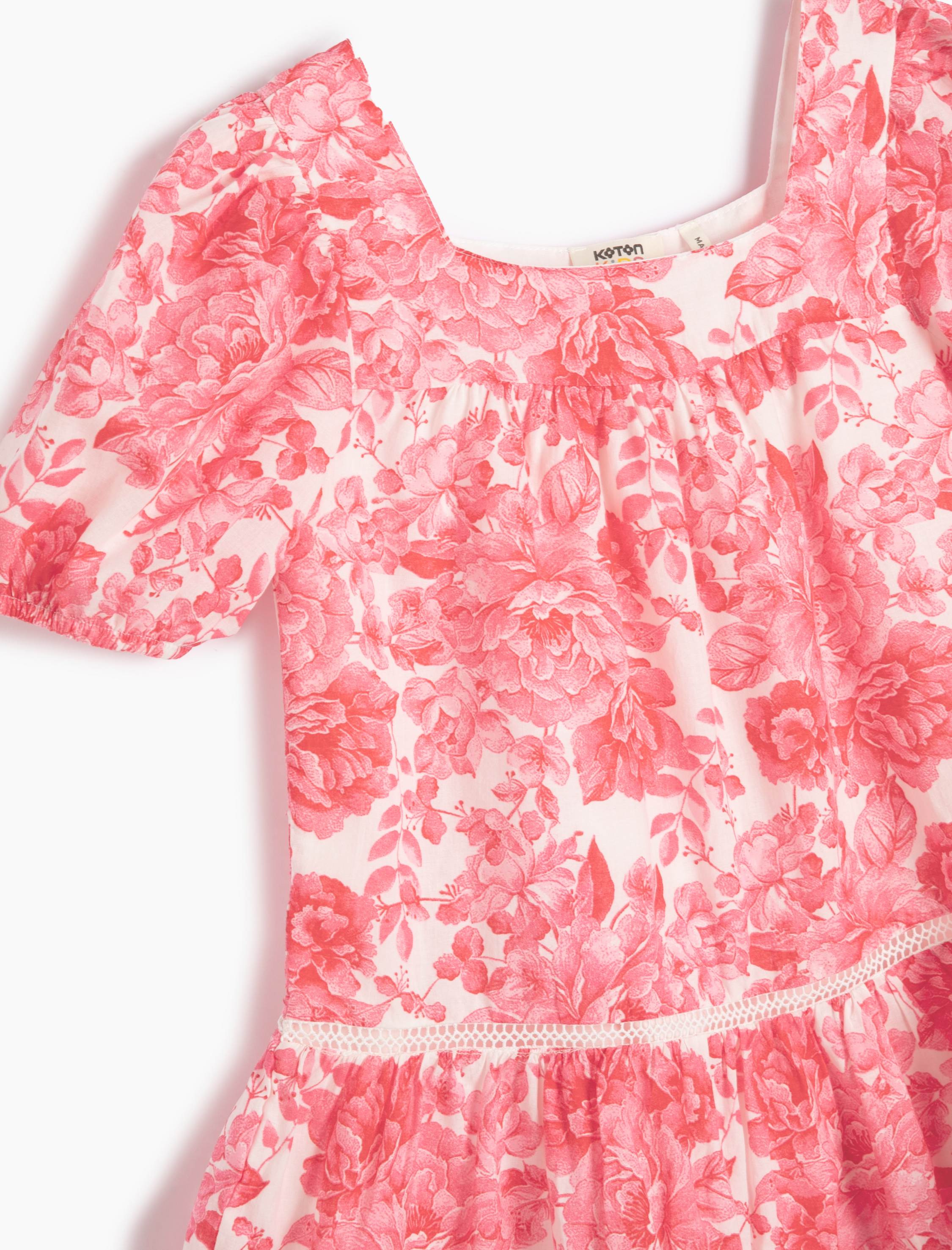  Kız Çocuk Elbise Mini Çiçekli Kısa Balon Kollu Kare Yaka Astarlı