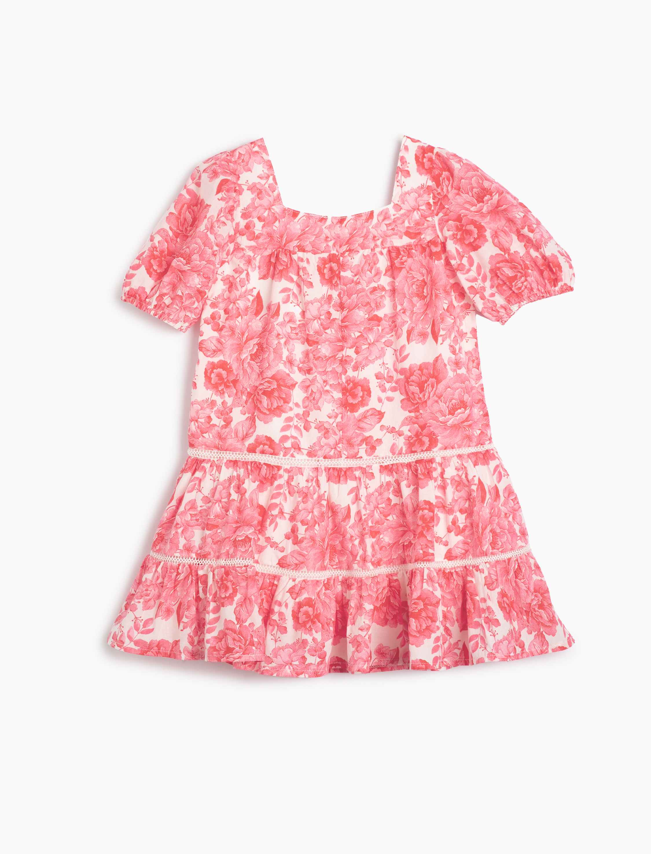  Kız Çocuk Elbise Mini Çiçekli Kısa Balon Kollu Kare Yaka Astarlı