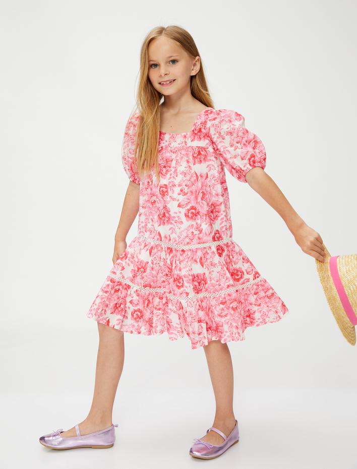 Kız Çocuk Elbise Mini Çiçekli Kısa Balon Kollu Kare Yaka Astarlı