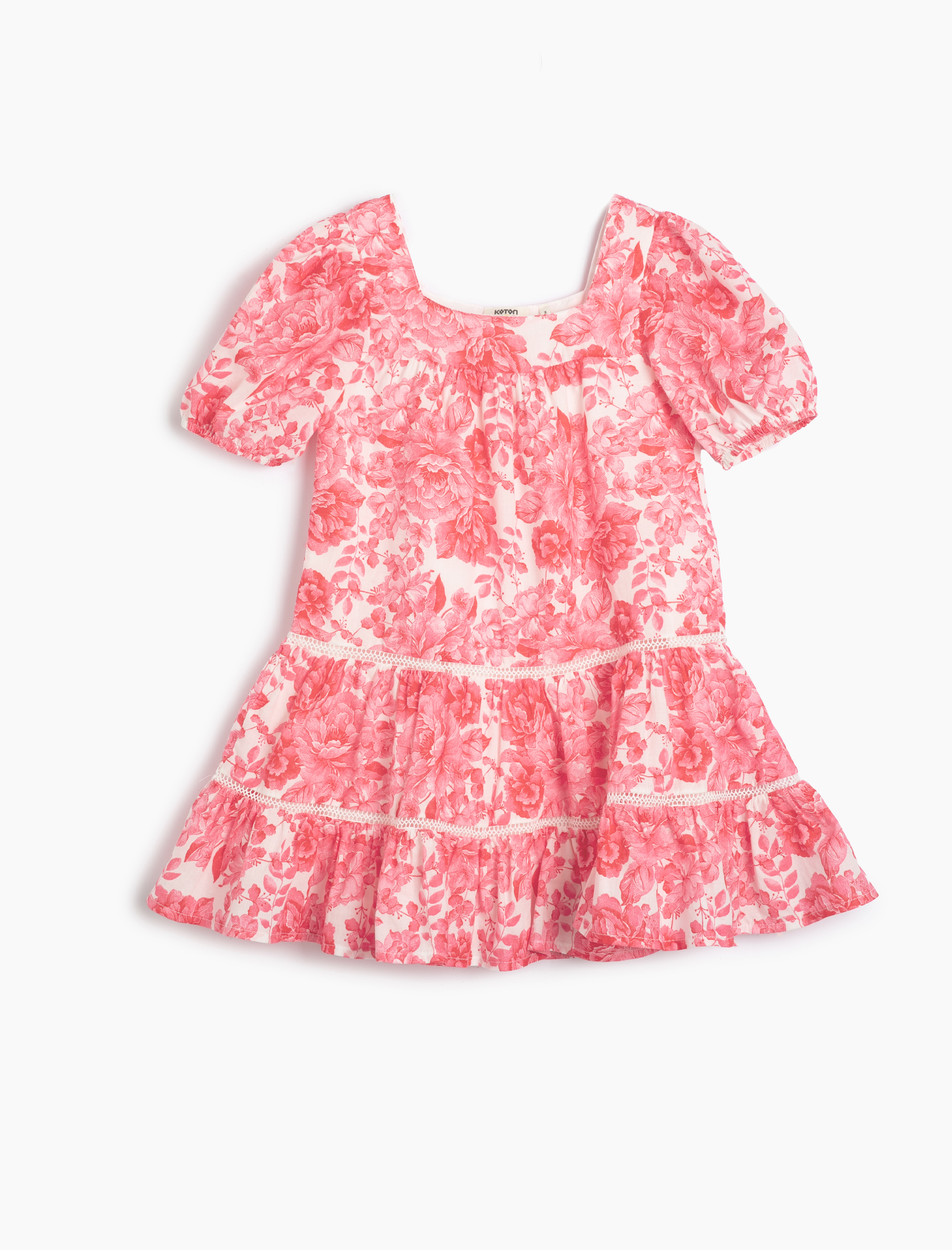  Kız Çocuk Elbise Mini Çiçekli Kısa Balon Kollu Kare Yaka Astarlı