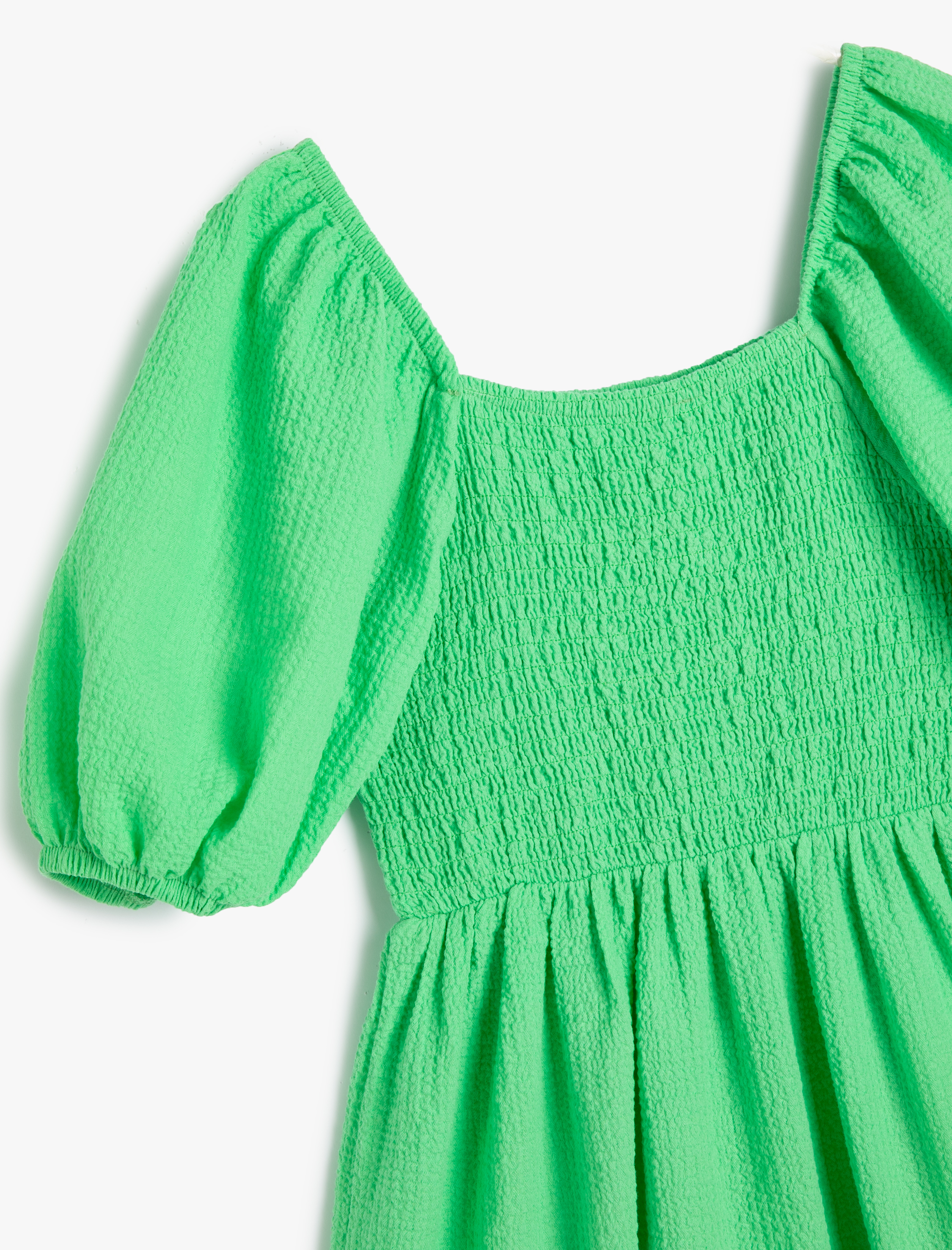  Kız Çocuk Elbise Balon Kollu Gipeli Kare Yaka Pamuklu