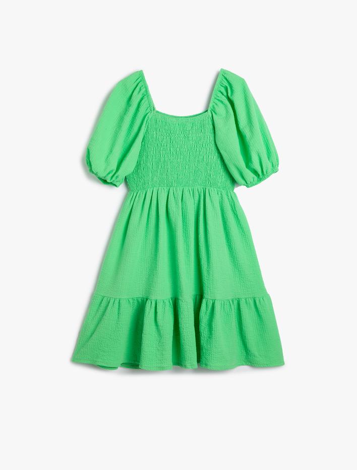 Kız Çocuk Elbise Balon Kollu Gipeli Kare Yaka Pamuklu