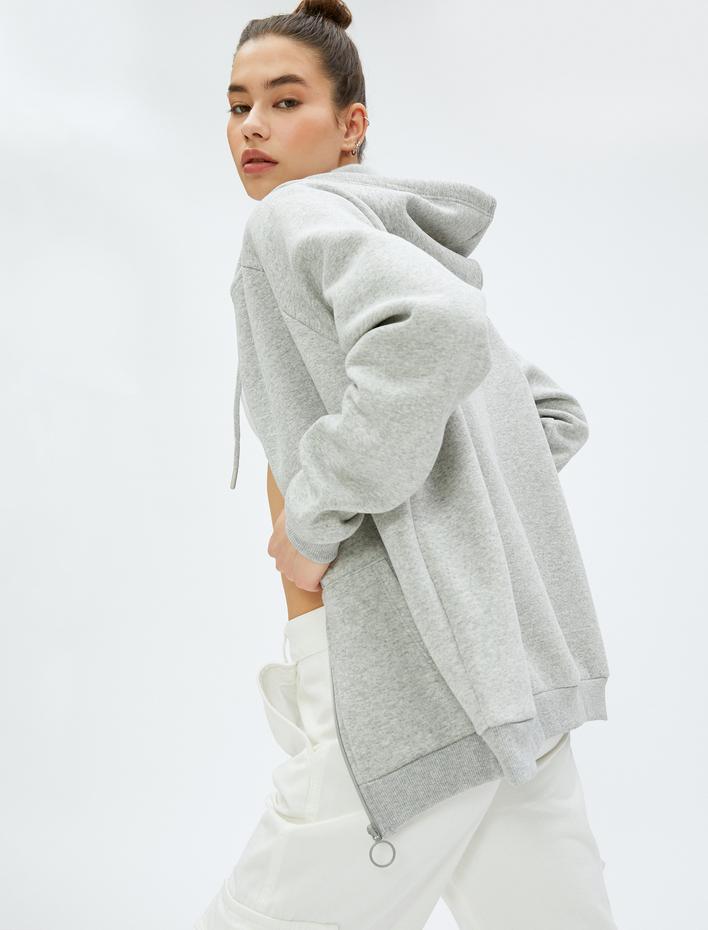  Şardonlu Kapüşonlu Fermuarlı Sweatshirt Cep Detaylı Ribanalı