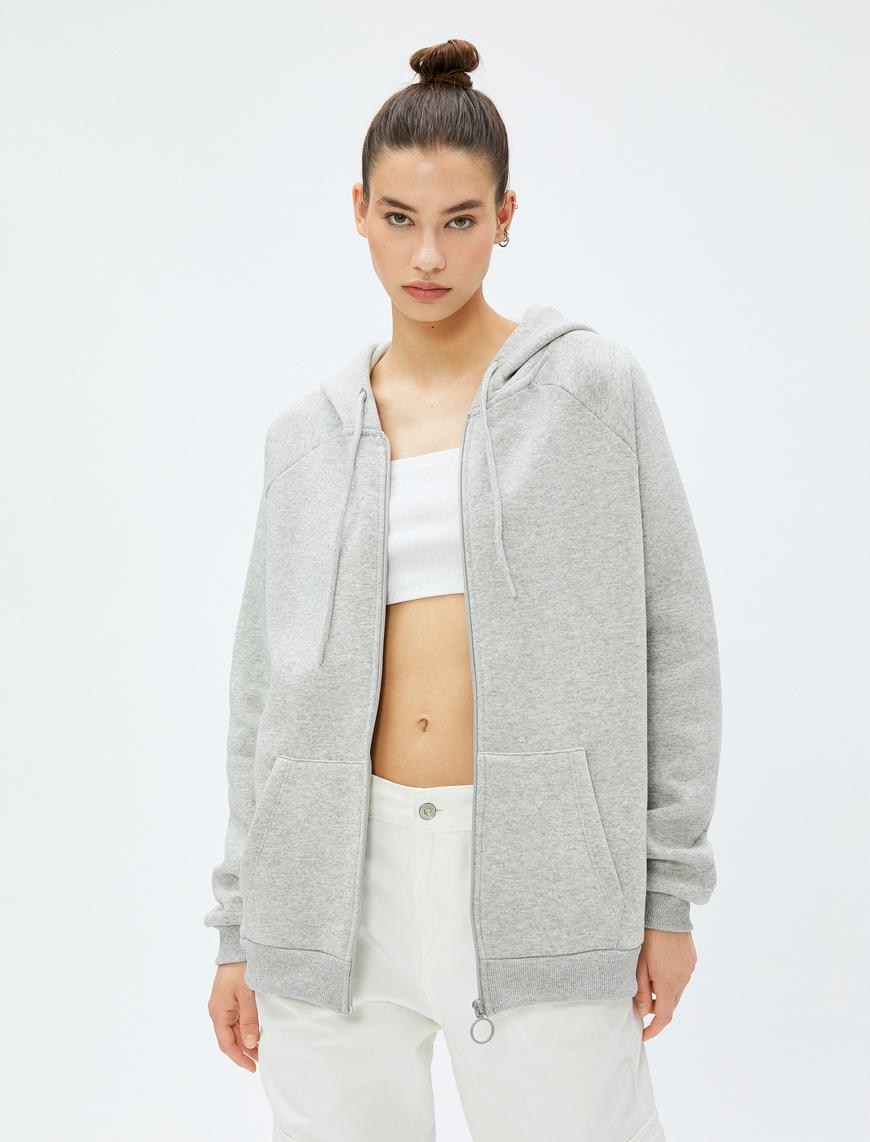   Şardonlu Kapüşonlu Fermuarlı Sweatshirt Cep Detaylı Ribanalı