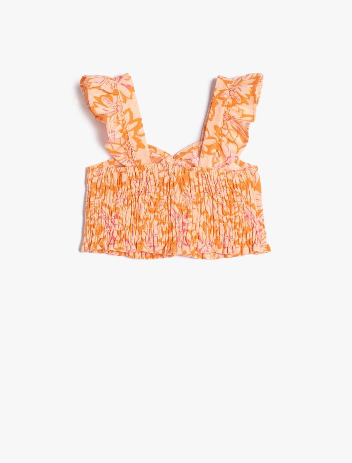 Kız Çocuk Keten Crop Bluz Kolsuz Çiçekli Gipe Detaylı