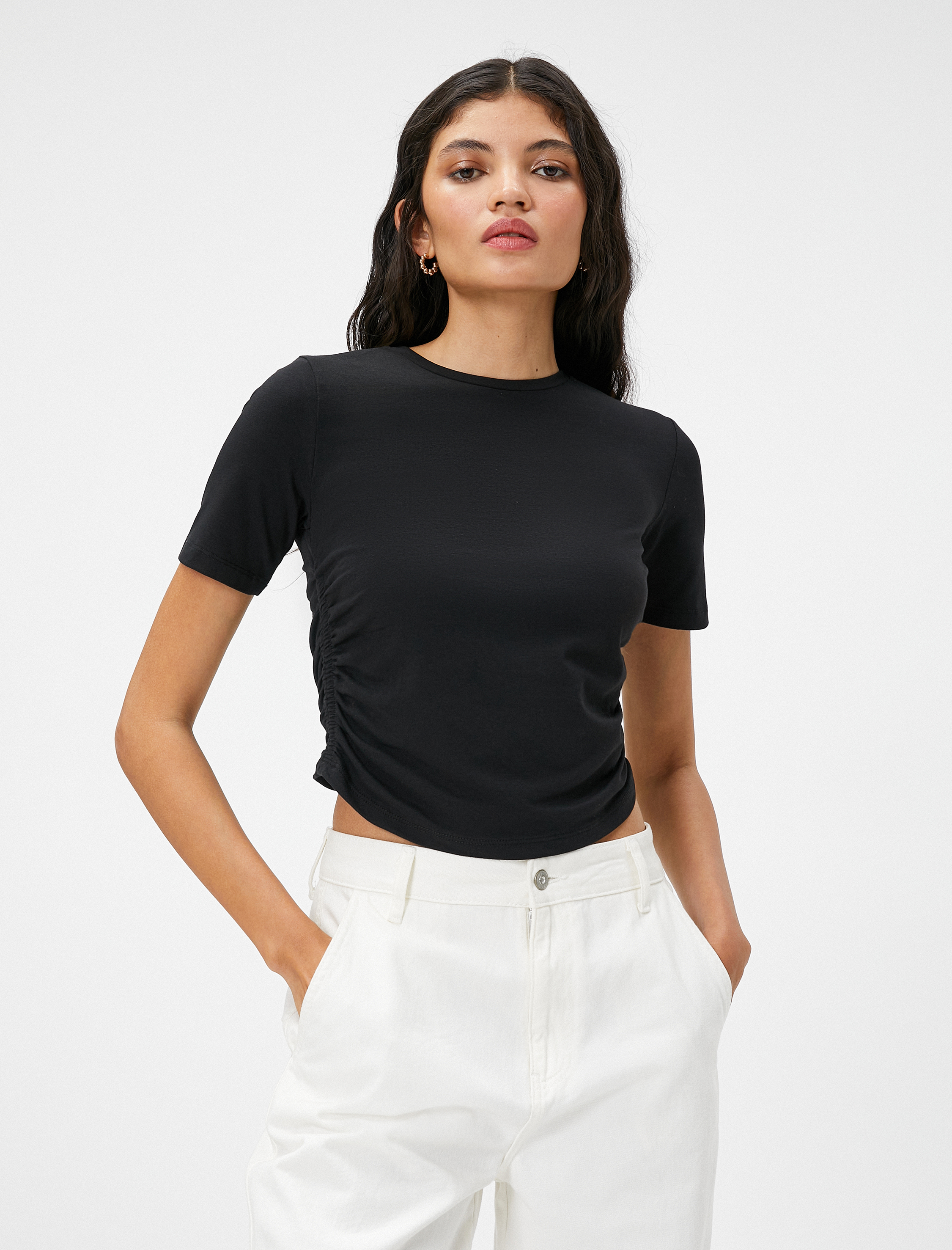   Crop Tişört Yanları Büzgülü Kısa Kollu