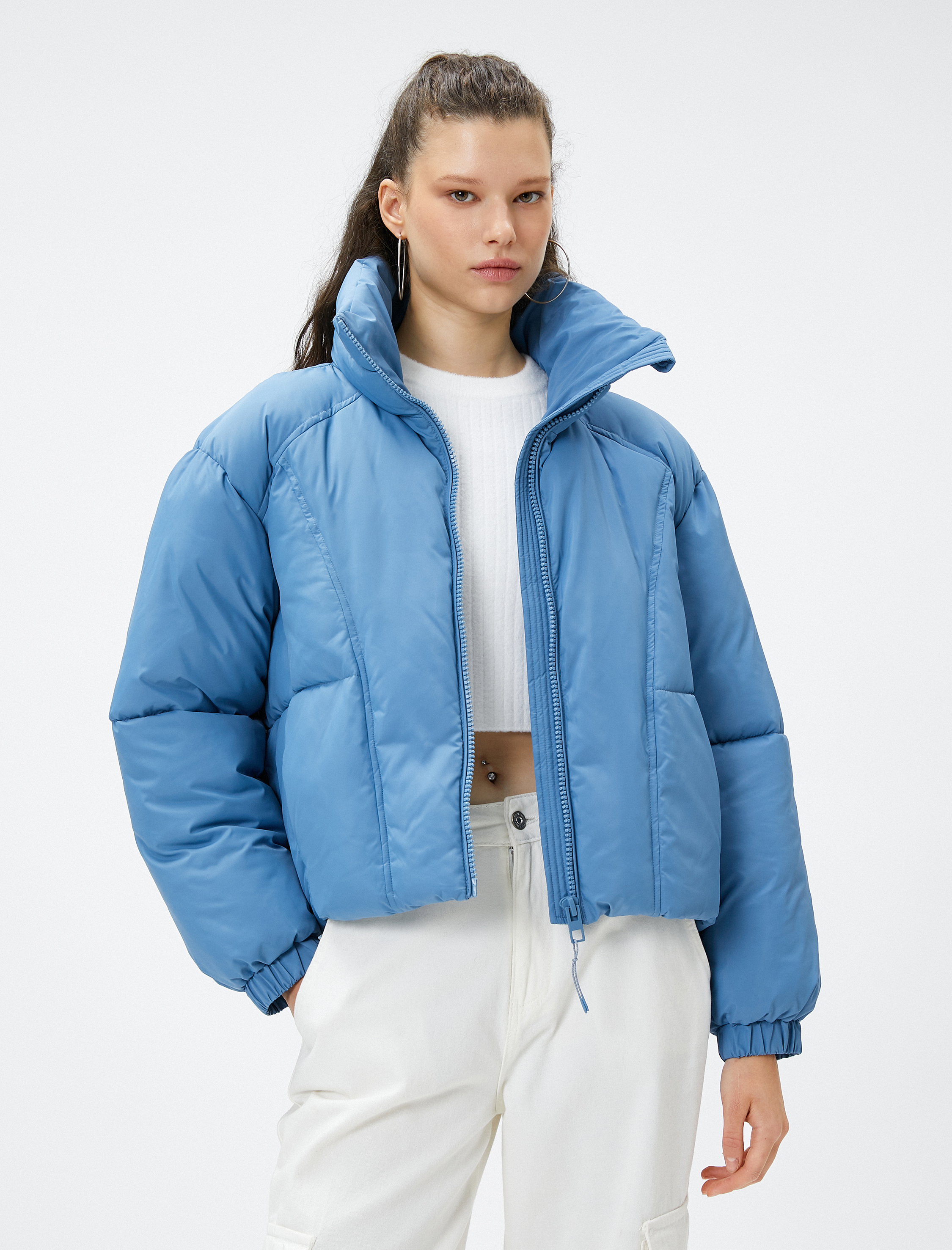 Kısa Şişme Mont Dik Yaka Fermuarlı Ribanalı Cepli