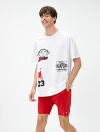 Oversize Spor Tişört Kolej Baskılı Yarım Kollu