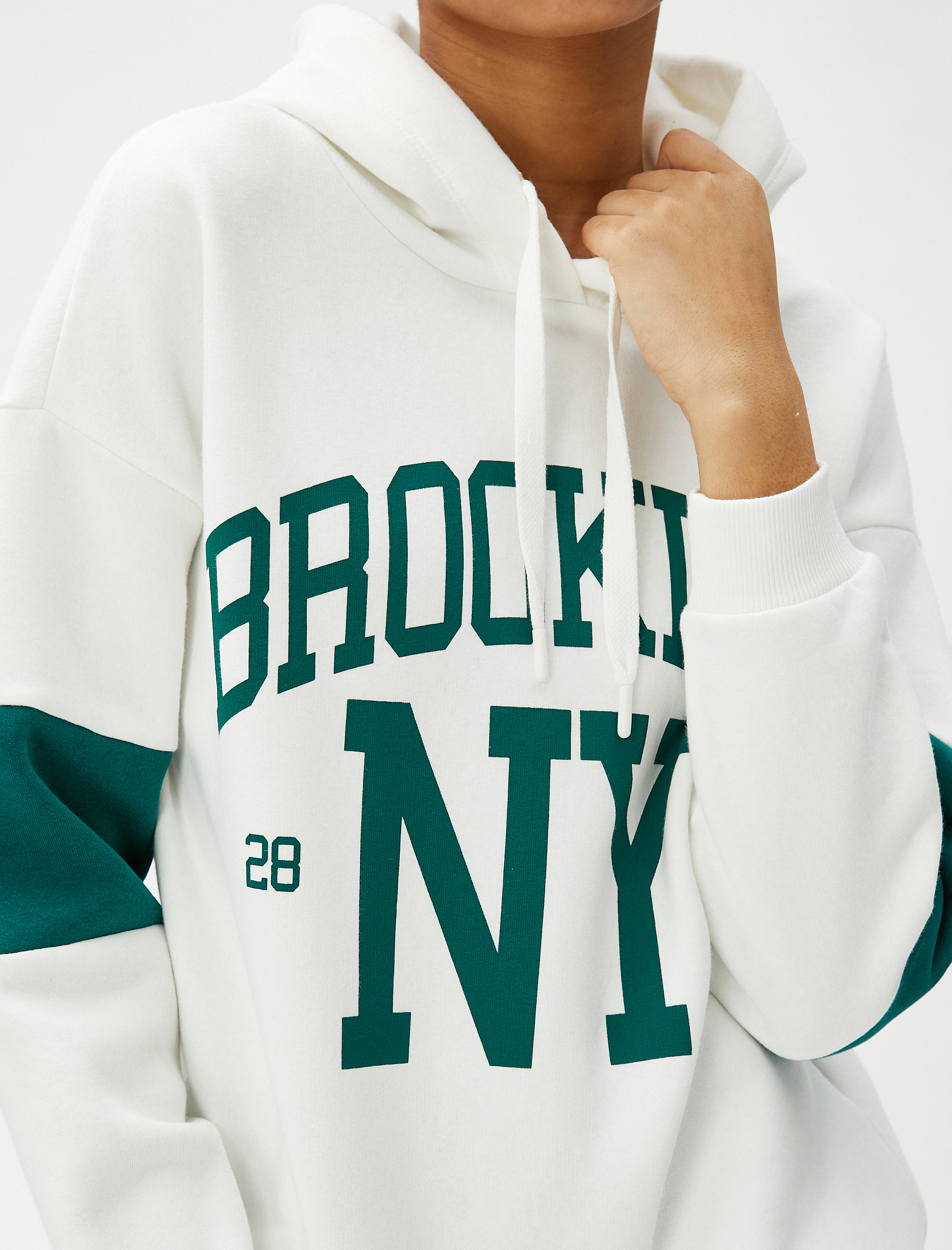   Şardonlu Kapüşonlu Sweatshirt Kolej Baskılı Uzun Kollu Ribanalı