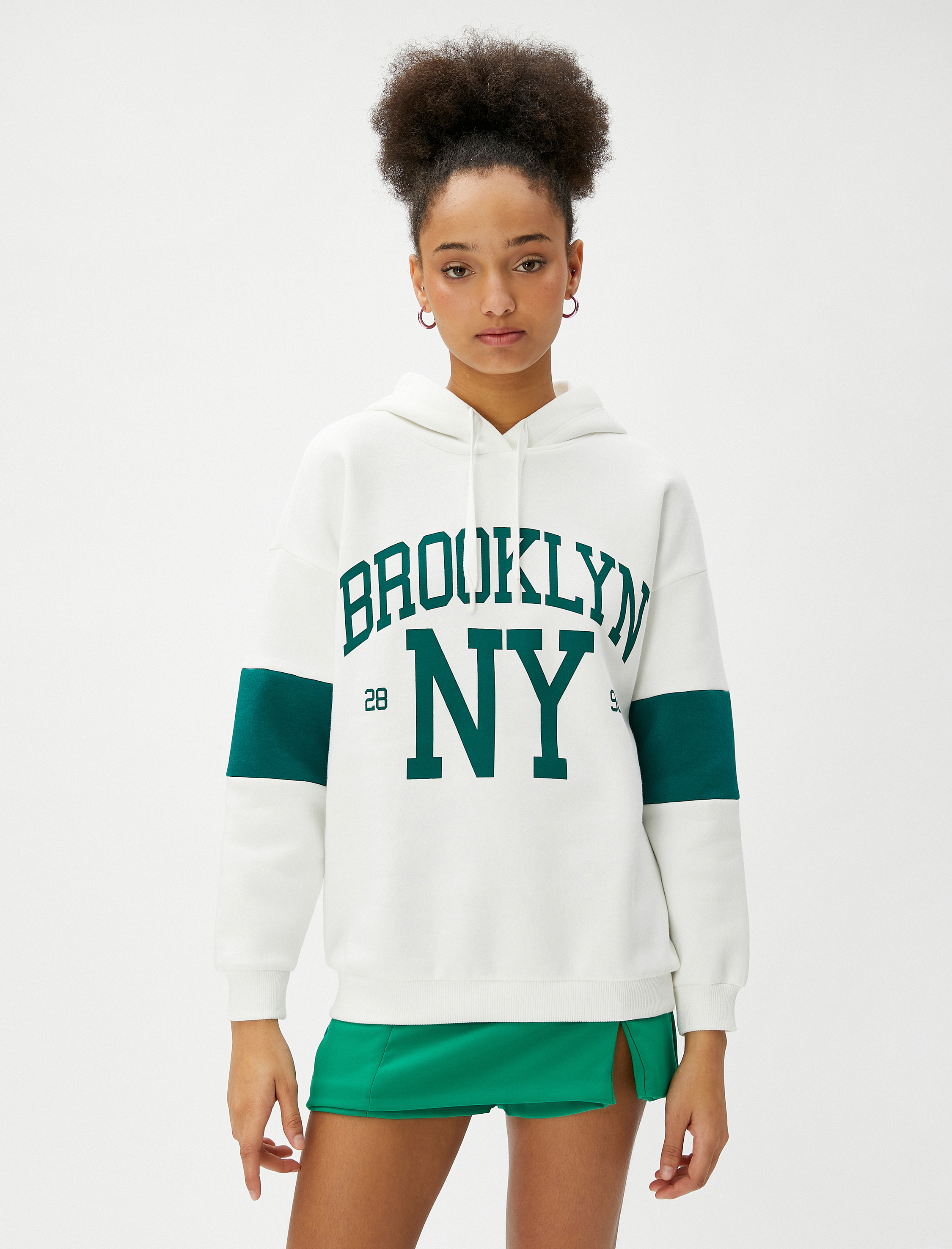   Şardonlu Kapüşonlu Sweatshirt Kolej Baskılı Uzun Kollu Ribanalı