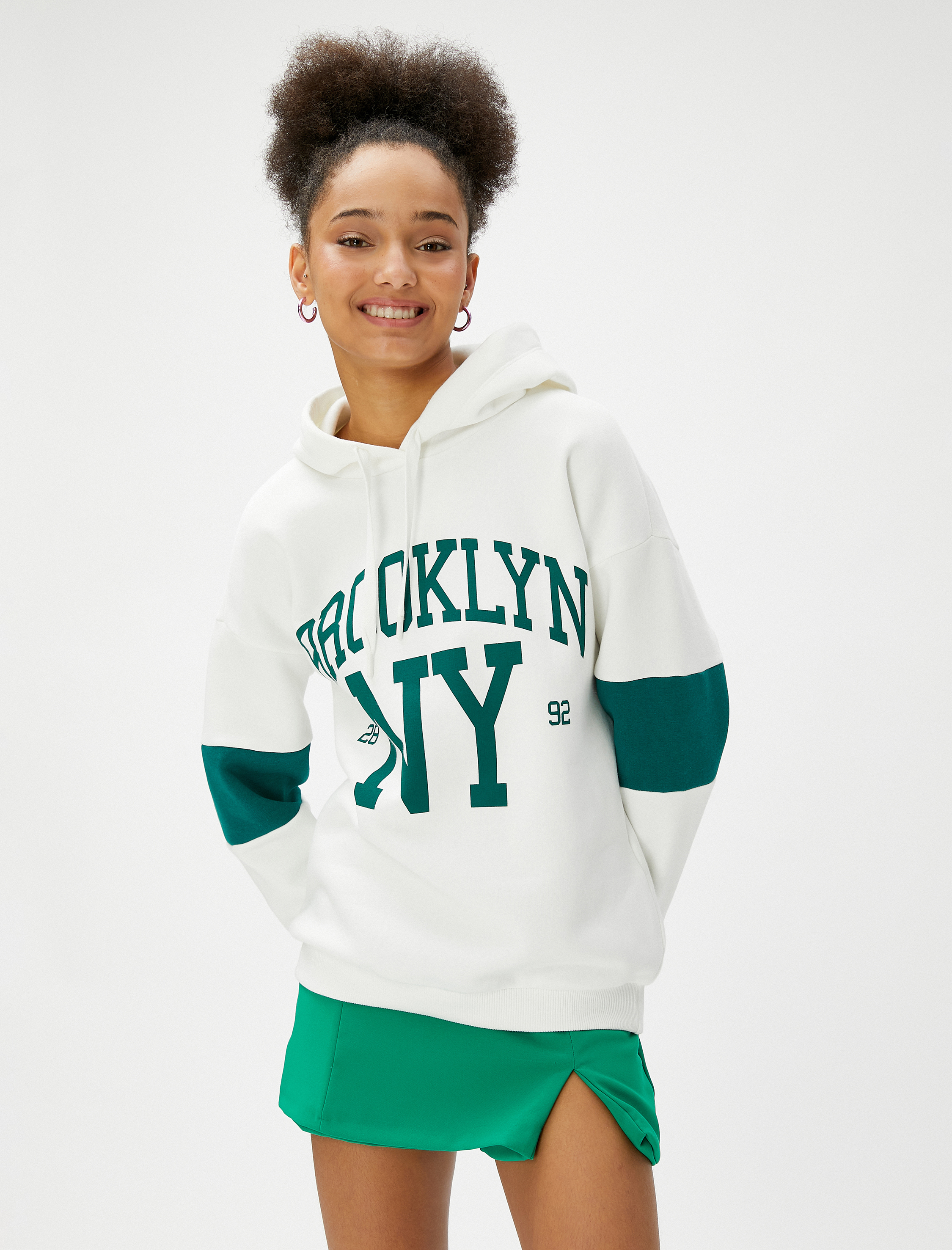   Şardonlu Kapüşonlu Sweatshirt Kolej Baskılı Uzun Kollu Ribanalı