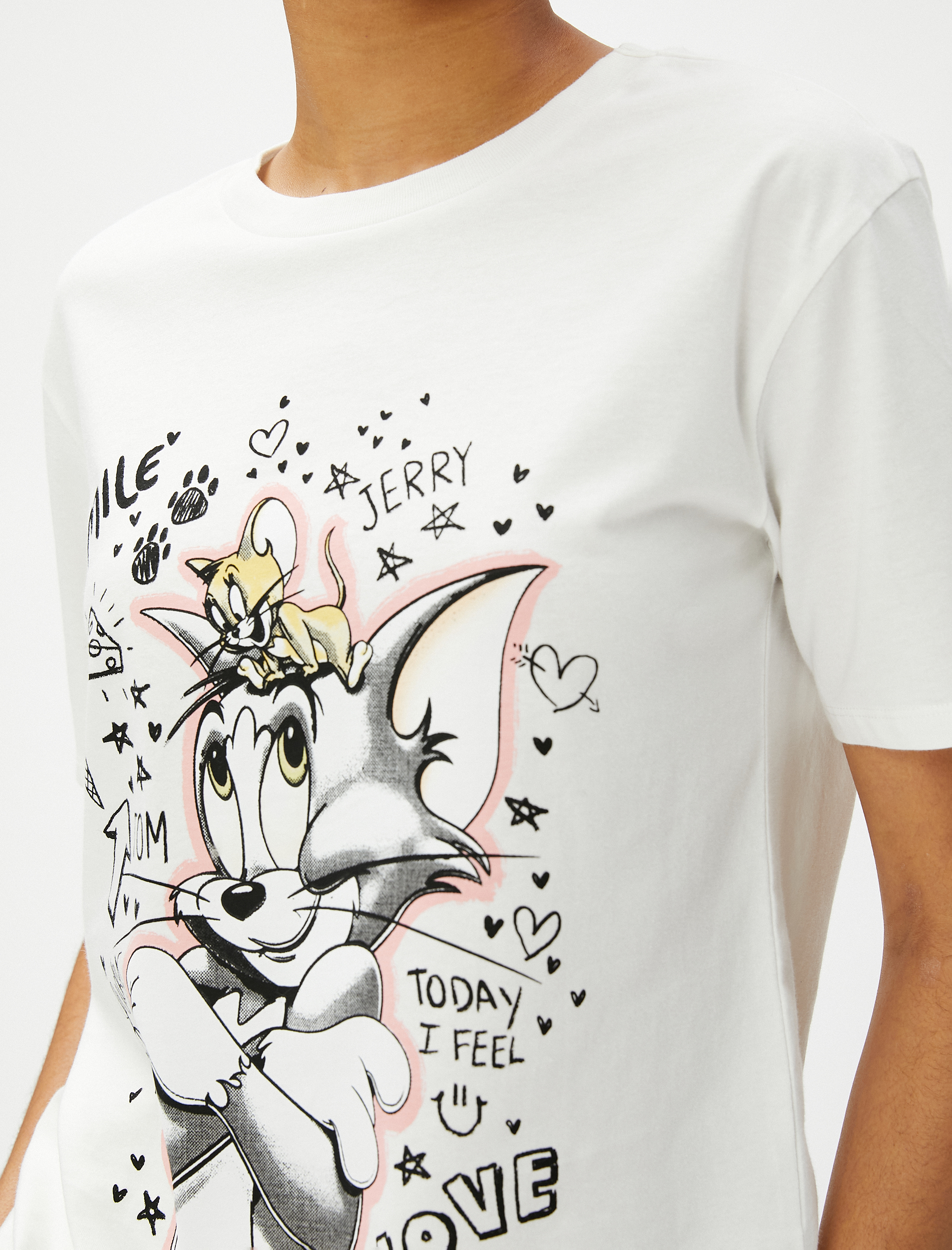 tomoページ Ekru Tom ve Jerry Tişört Lisanslı Baskılı Bisiklet Yaka Pamuklu