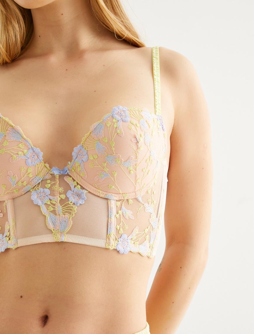   Push Up Bralet Sütyen Çiçekli Dolgulu Kaplı Balenli